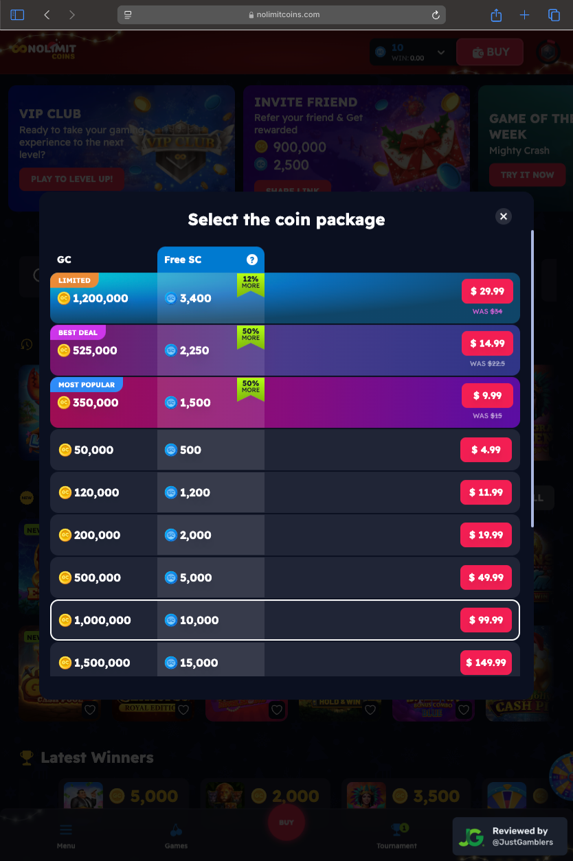 Tablet Screenshot of Nolimitcoins Coin Purchase Page