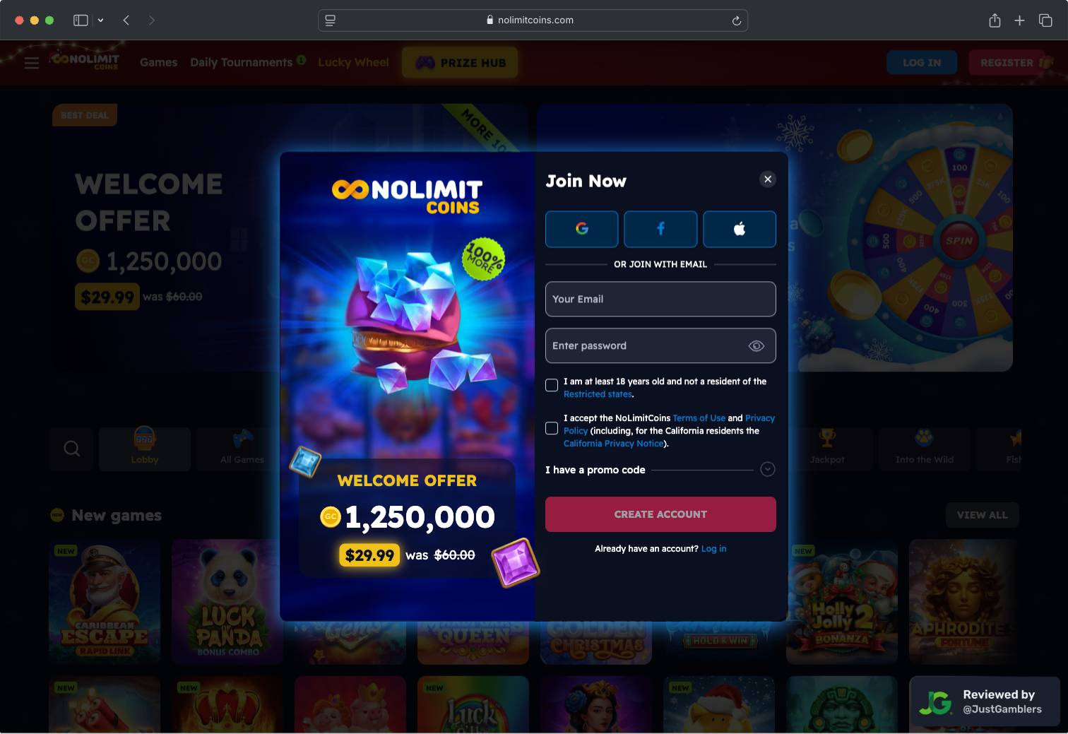 Desktop Screenshot of Nolimitcoins Registration Page