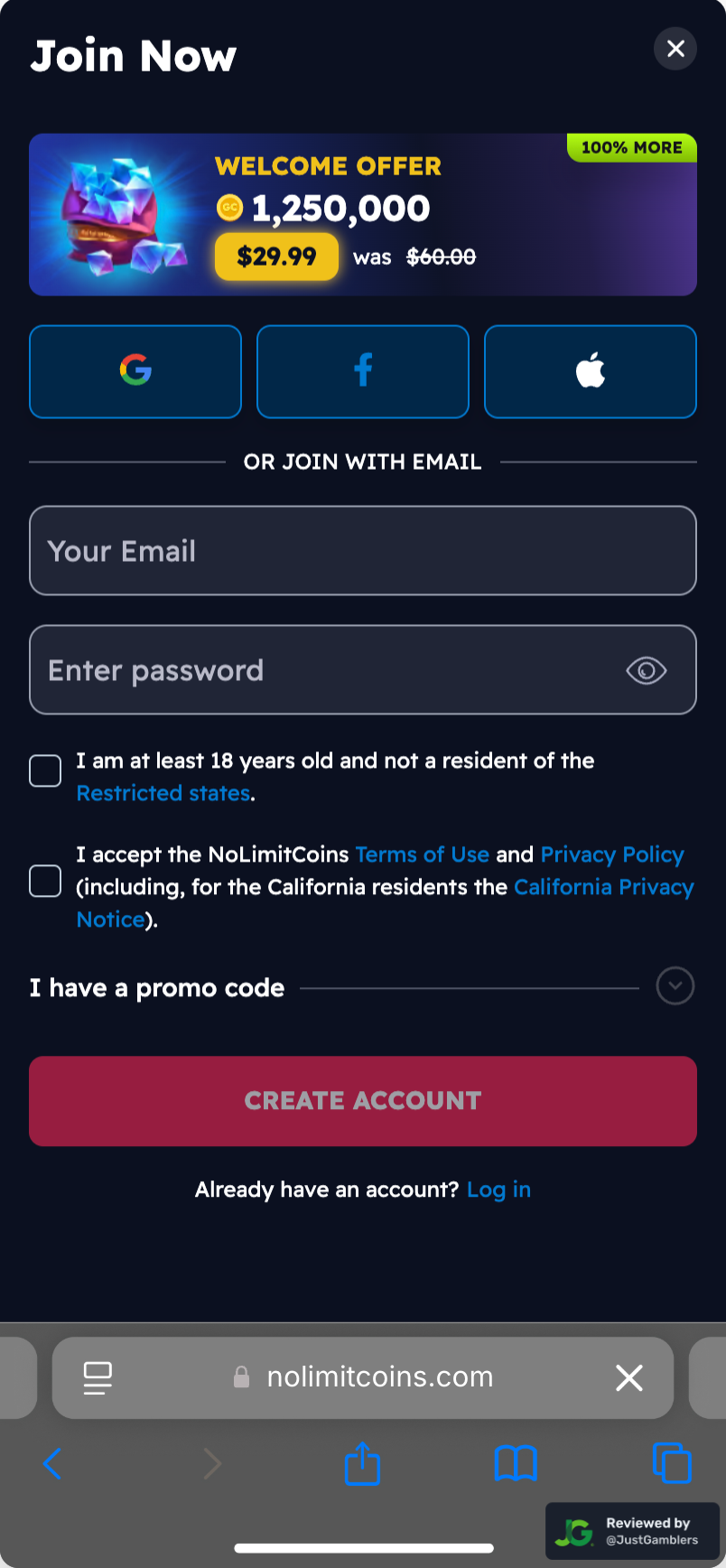 Mobile Screenshot of Nolimitcoins Registration Page