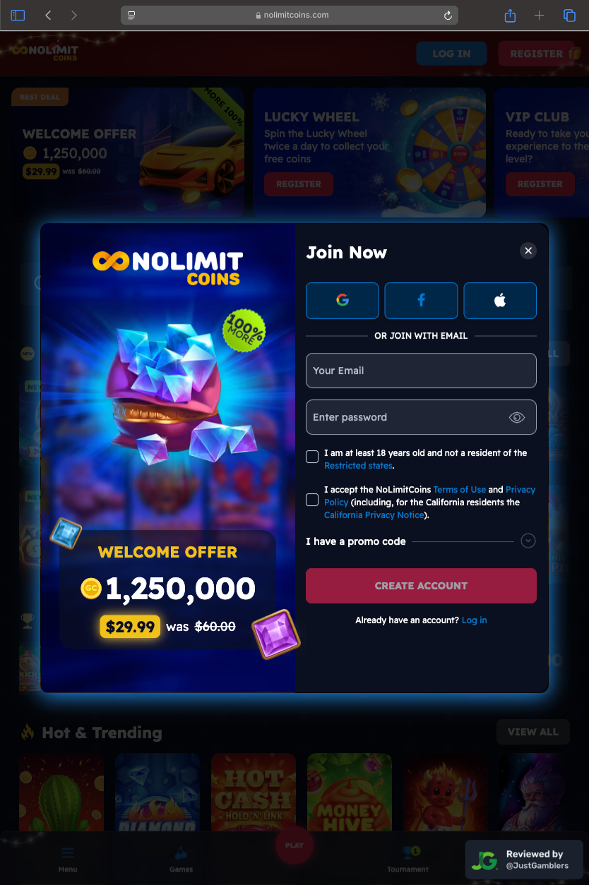 Tablet Screenshot of Nolimitcoins Registration Page
