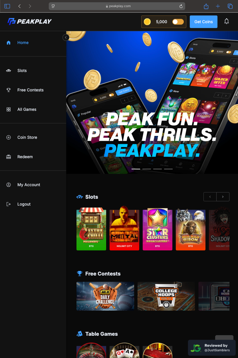 Tablet screenshot of the starting page at PeakPlay.