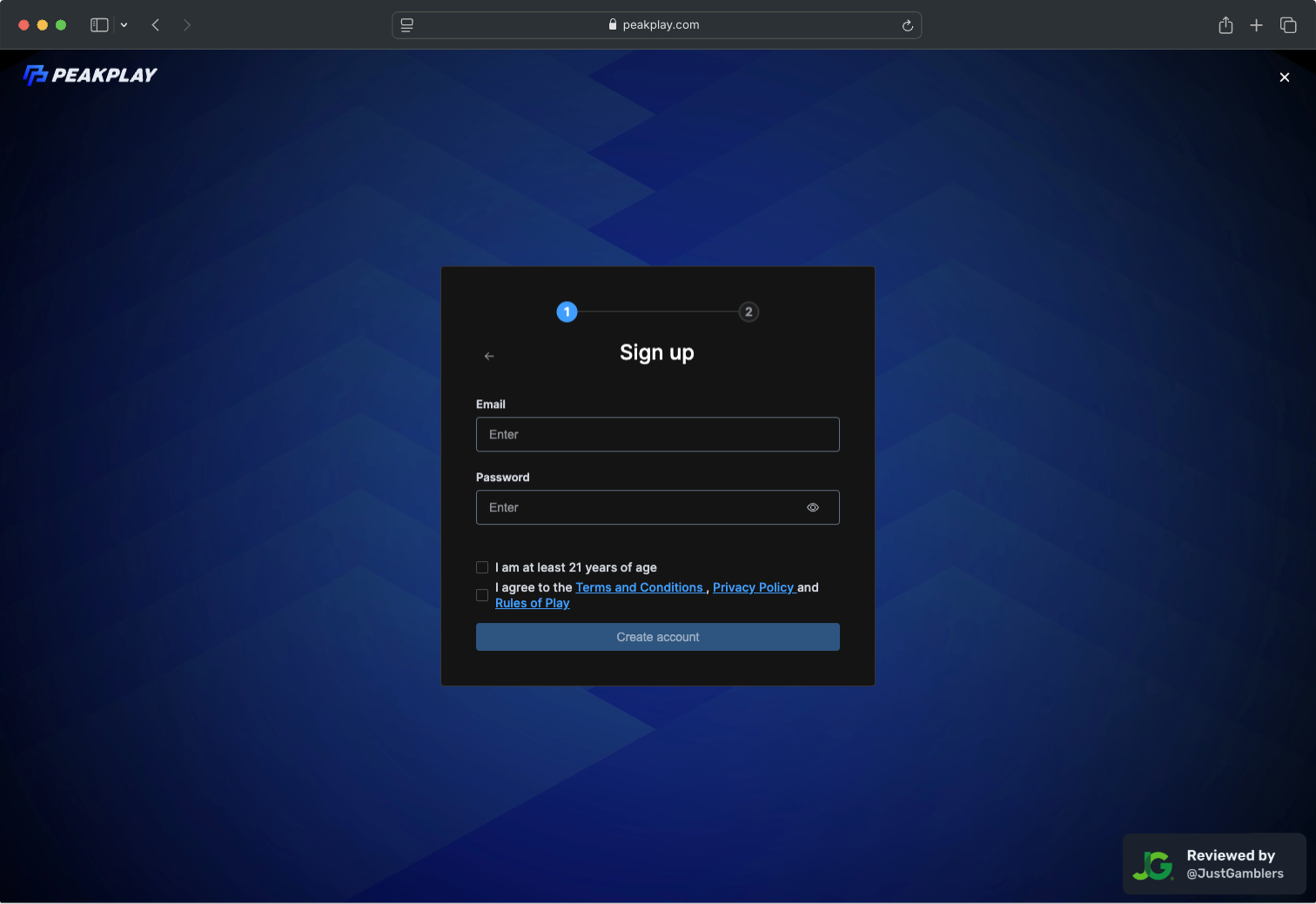 Desktop screenshot of the registration page at PeakPlay.