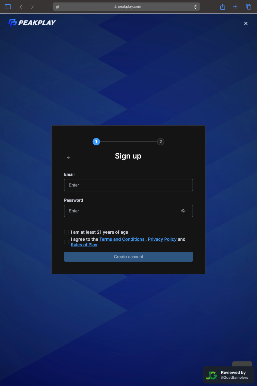 Tablet screenshot of the registration page at PeakPlay.