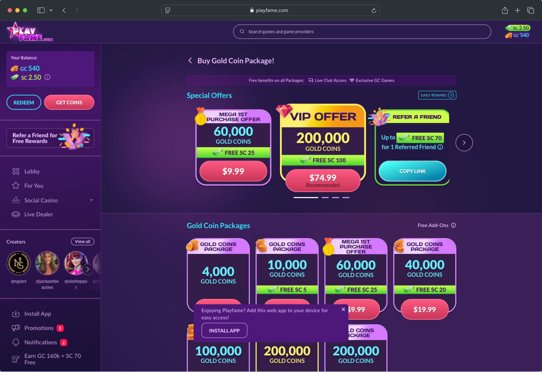 Desktop screenshot of the coin purchase process at PlayFame.