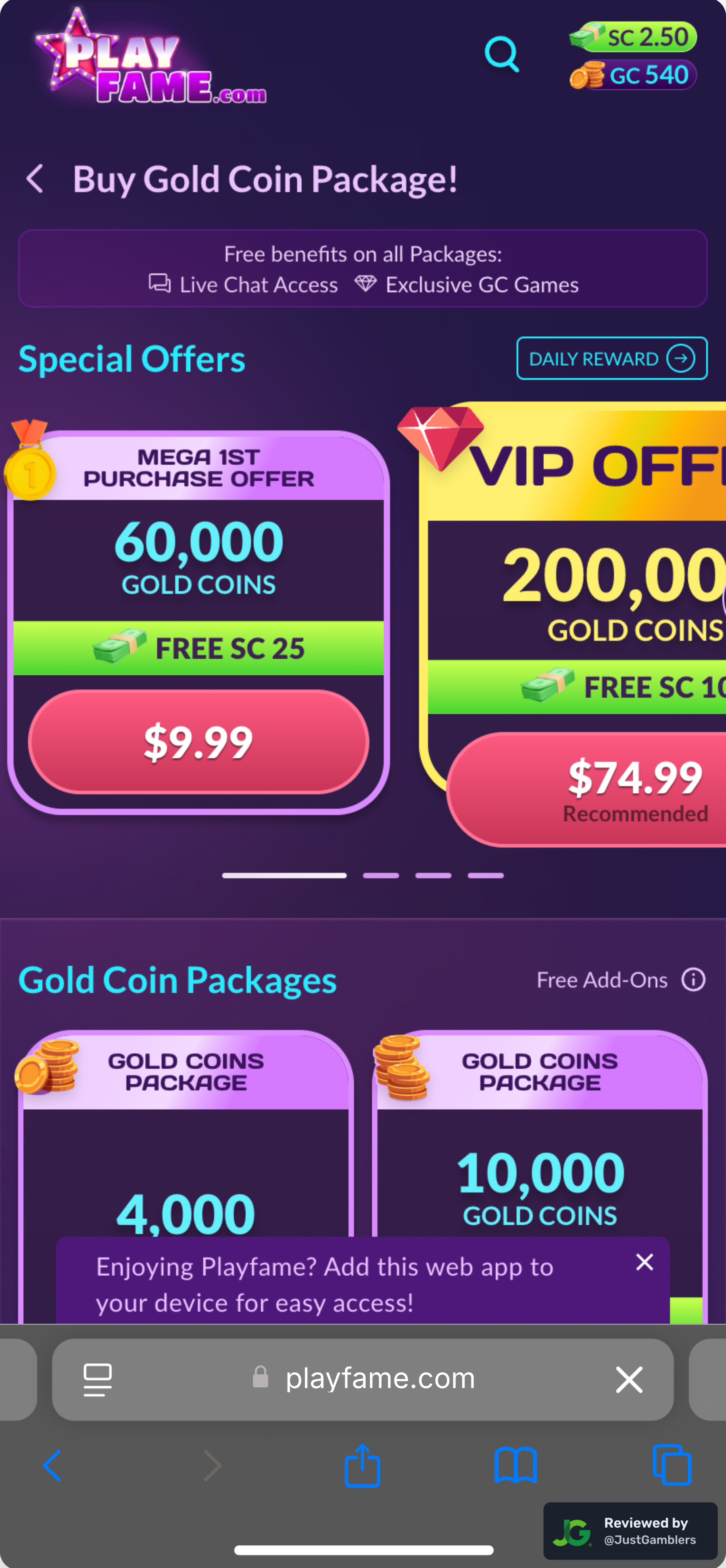 Mobile screenshot of the coin purchase process at PlayFame.