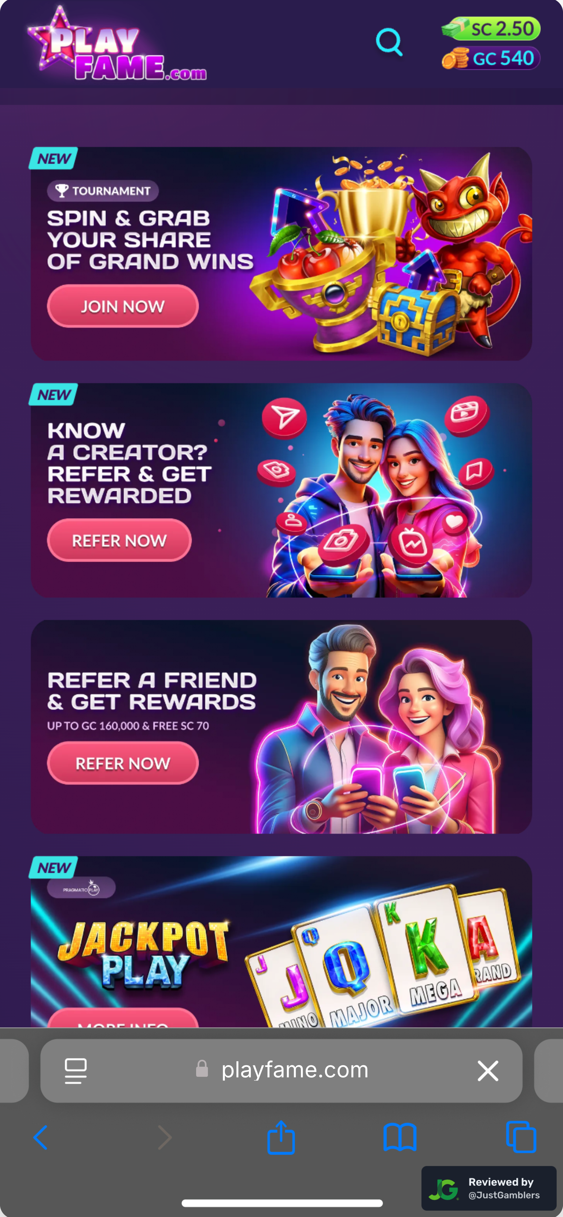 Mobile screenshot of the promo page at PlayFame.