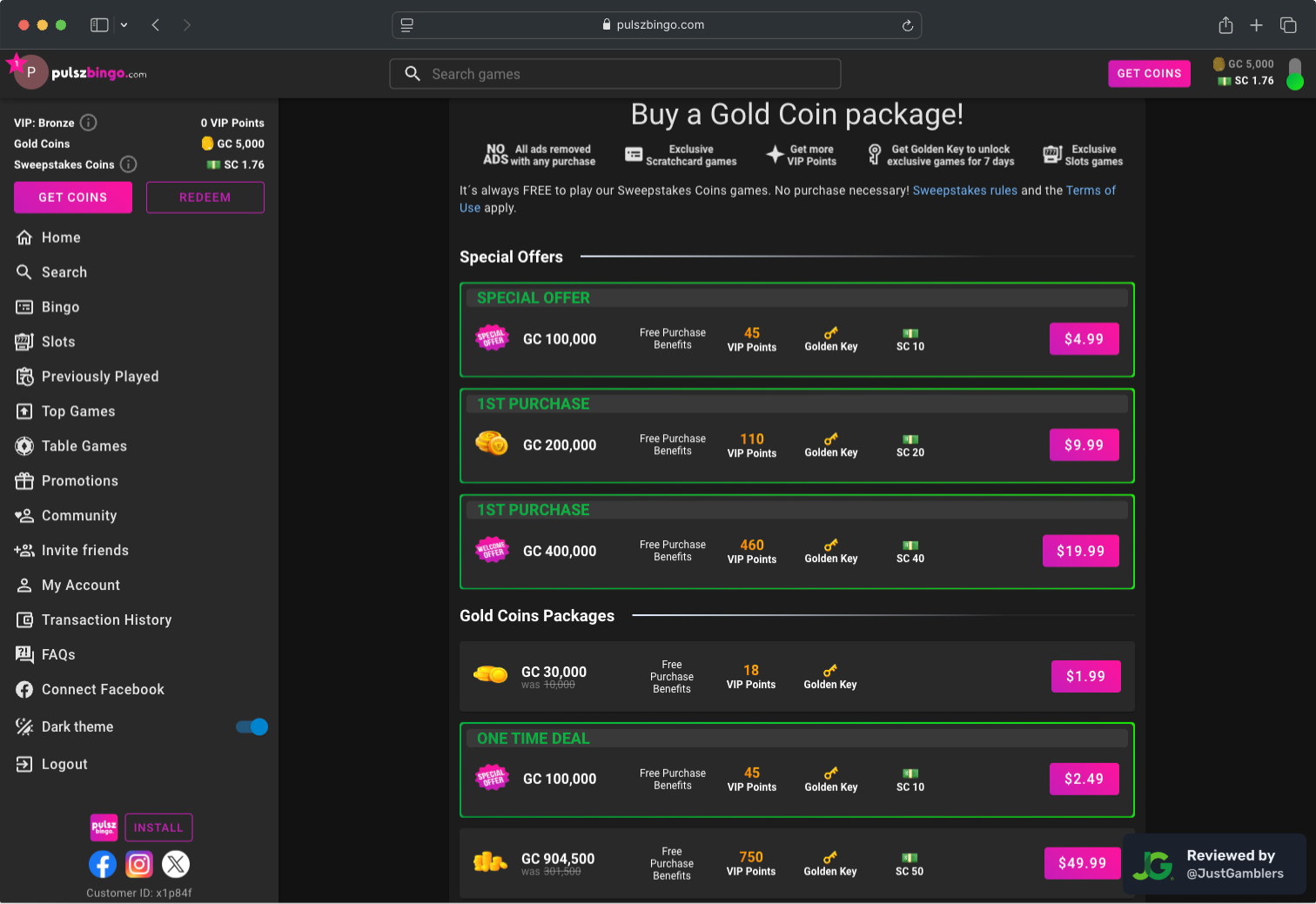 Desktop screenshot of the coin purchase process at Pulsz Bingo.