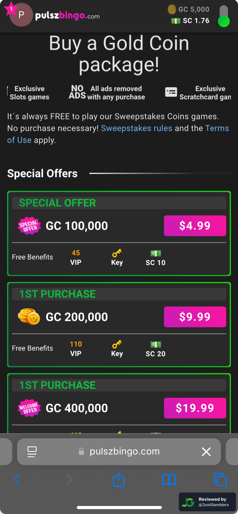 Mobile screenshot of the coin purchase process at Pulsz Bingo.