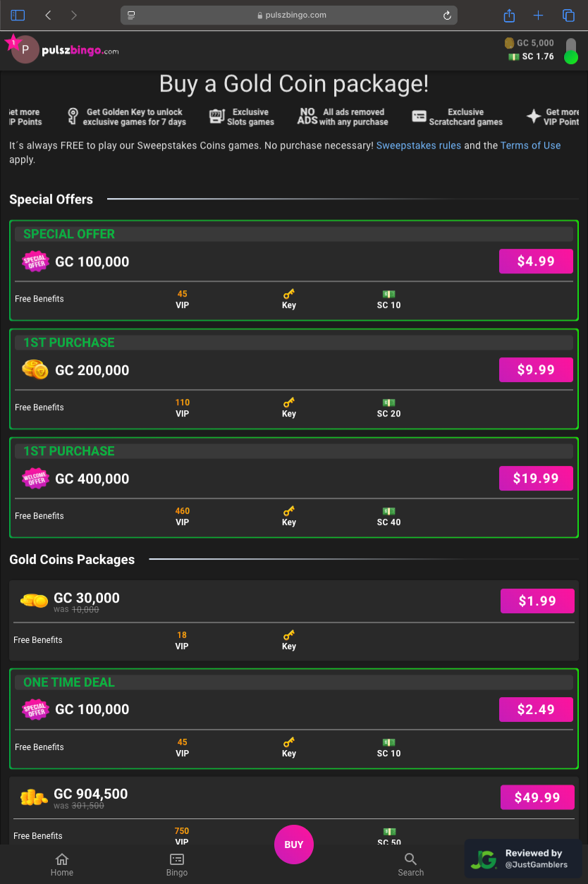 Tablet screenshot of the coin purchase process at Pulsz Bingo.