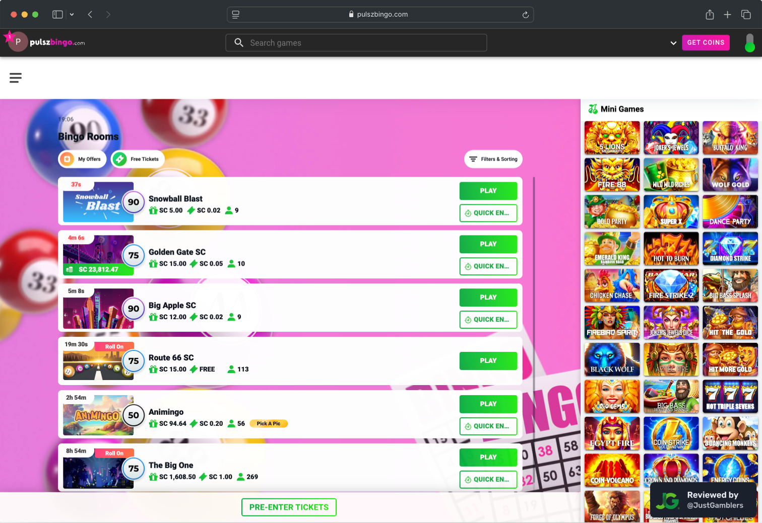 Desktop screenshot of the bingo room page at Pulsz Bingo.