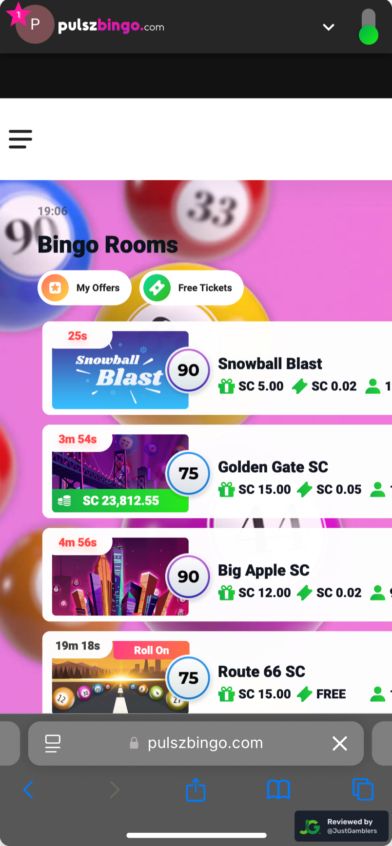 Mobile screenshot of the bingo room page at Pulsz Bingo.