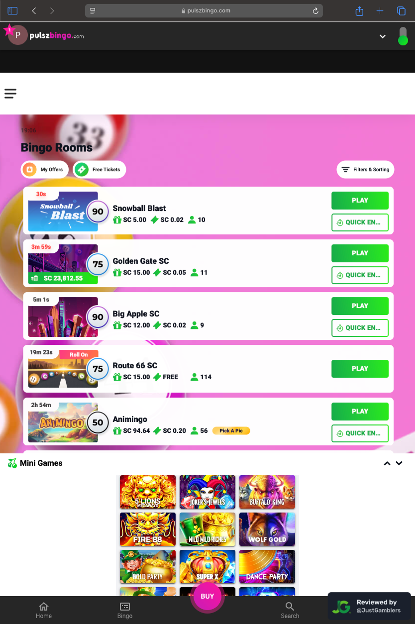 Tablet screenshot of the bingo room page at Pulsz Bingo.