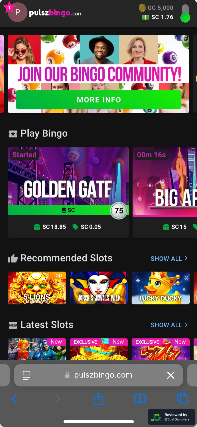 Mobile screenshot of the starting page at Pulsz Bingo.