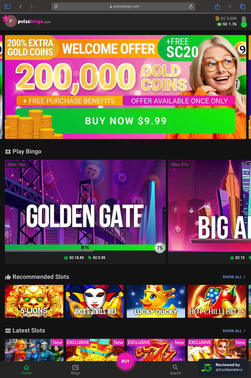 Tablet screenshot of the starting page at Pulsz Bingo.