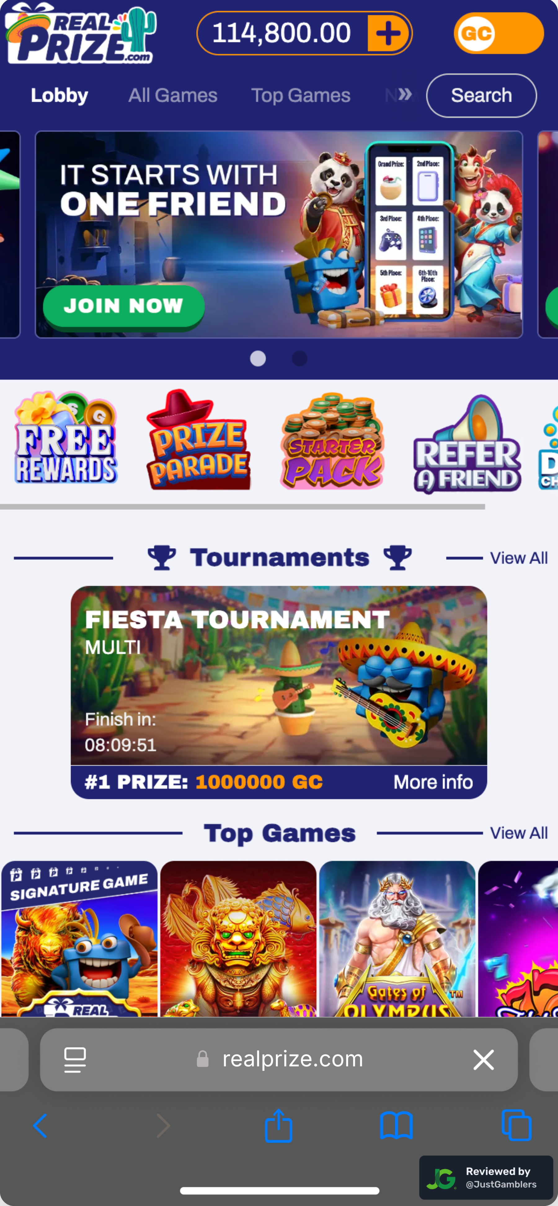 Mobile screenshot of the starting page at RealPrize.