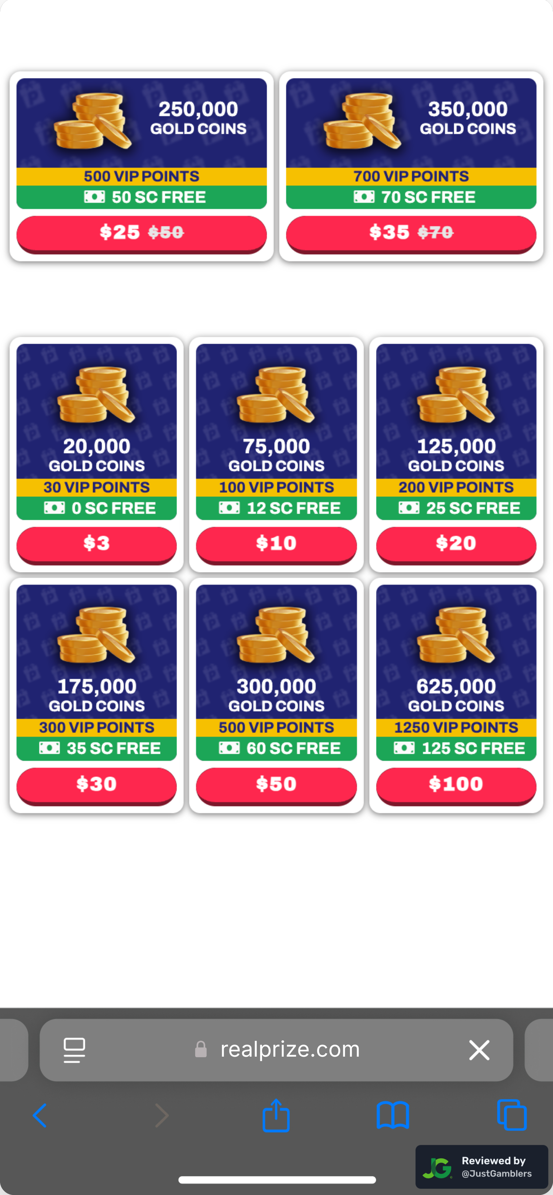 Mobile screenshot of the coin purchase process at RealPrize.