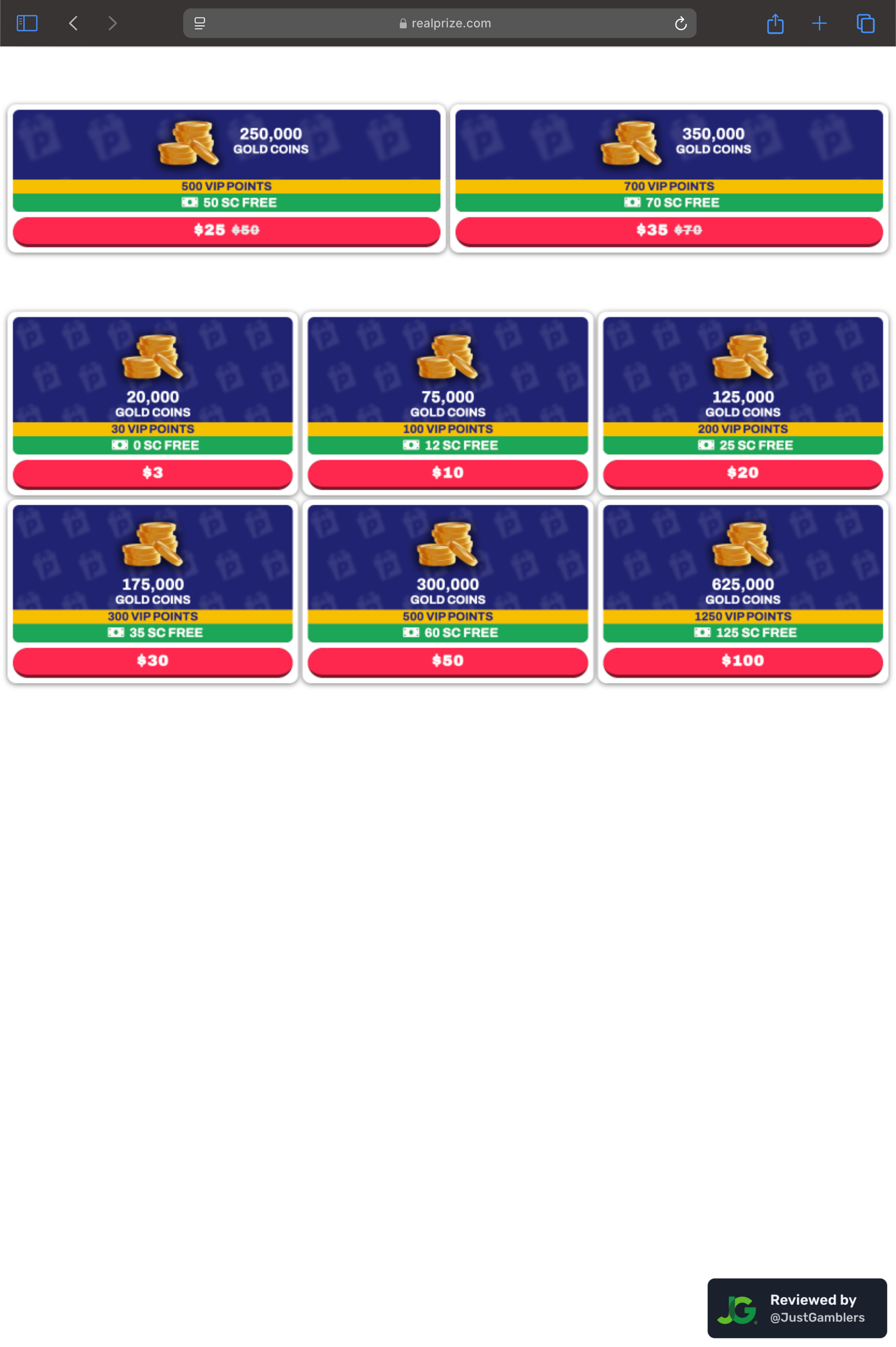 Tablet screenshot of the coin purchase process at RealPrize.