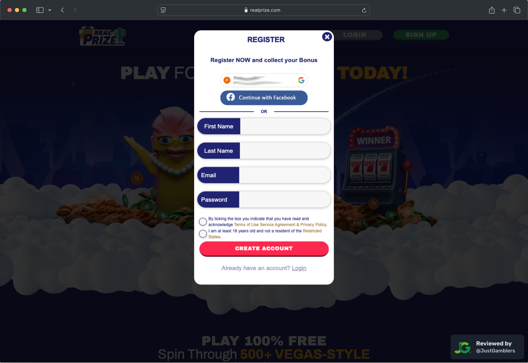 Desktop screenshot of the registration page at RealPrize.