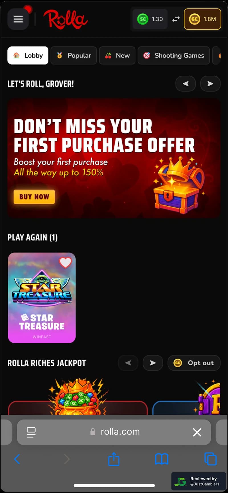 Mobile screenshot of the starting page at Rolla.