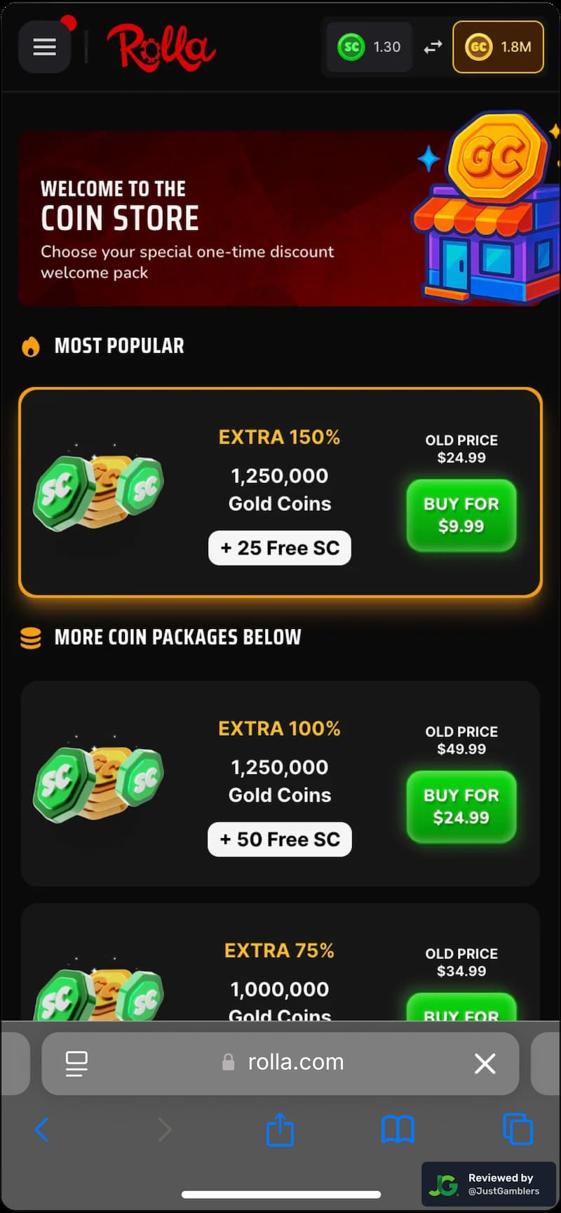 Mobile screenshot of the coin purchase process at Rolla.