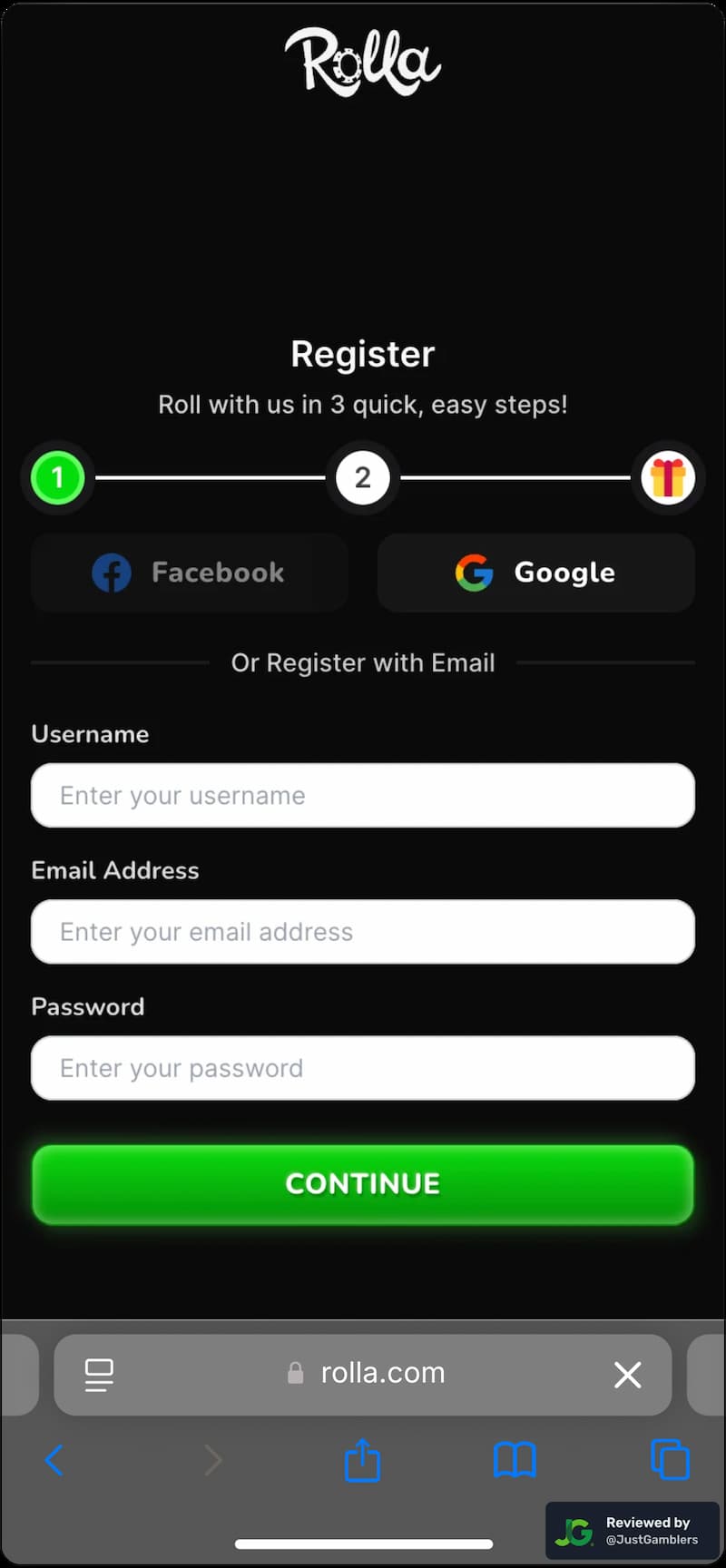 Mobile screenshot of the registration page at Rolla.