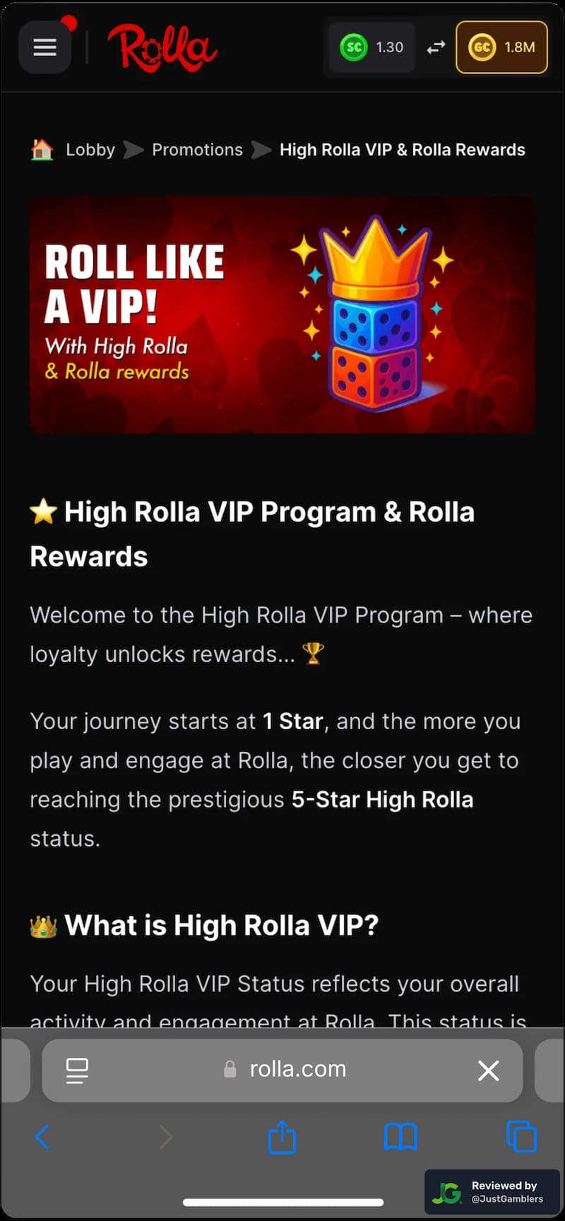Mobile screenshot of the promo page at Rolla Casino.