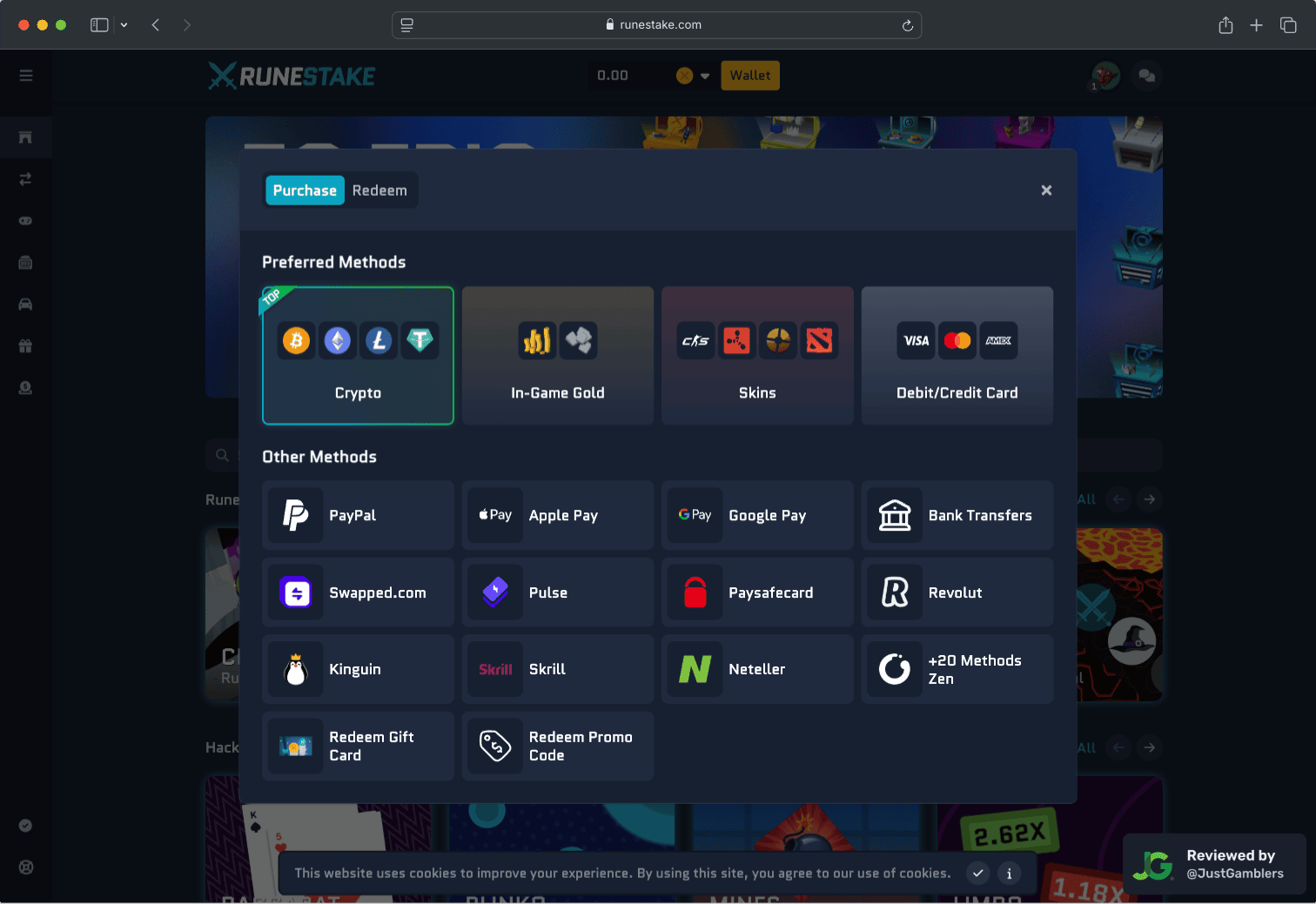 Desktop screenshot of the coin purchase process at RuneStake.
