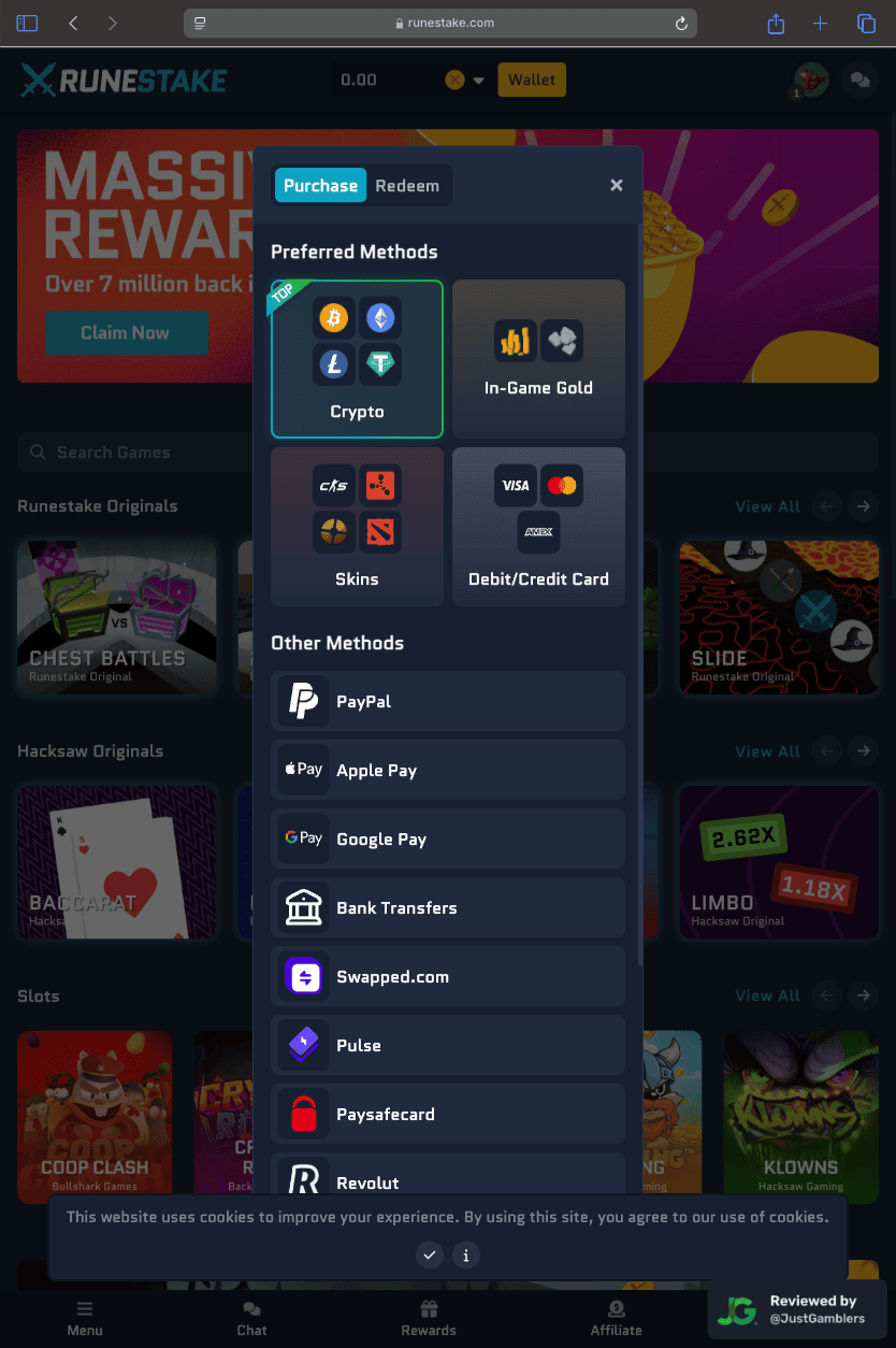 Tablet screenshot of the coin purchase process at RuneStake.