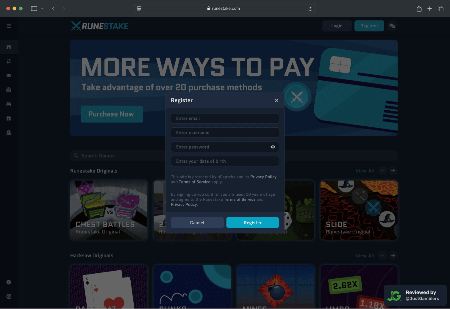 Desktop screenshot of the registration page at RuneStake.