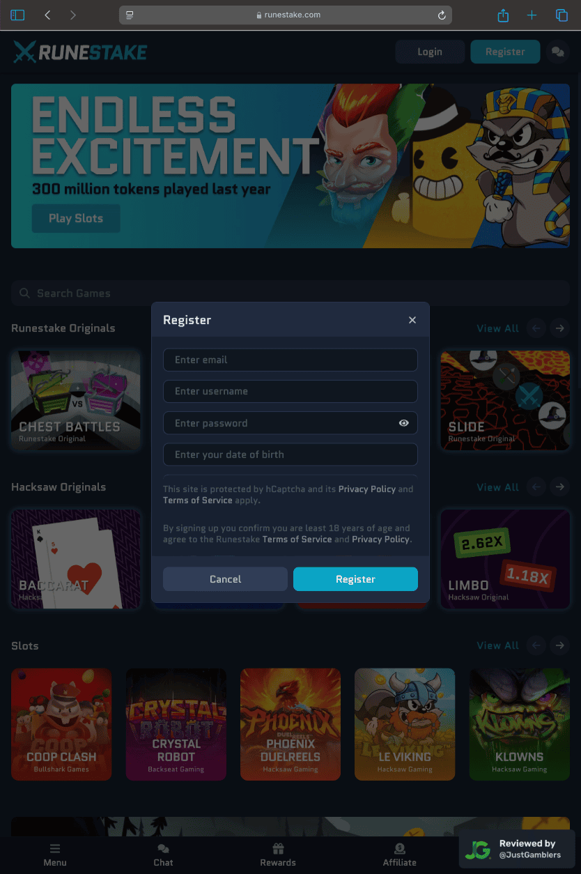 Tablet screenshot of the registration page at RuneStake.