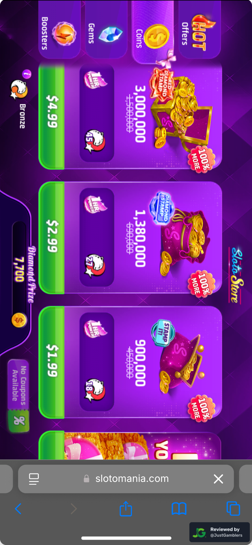 Mobile screenshot of the coin purchase process at Slotomania.