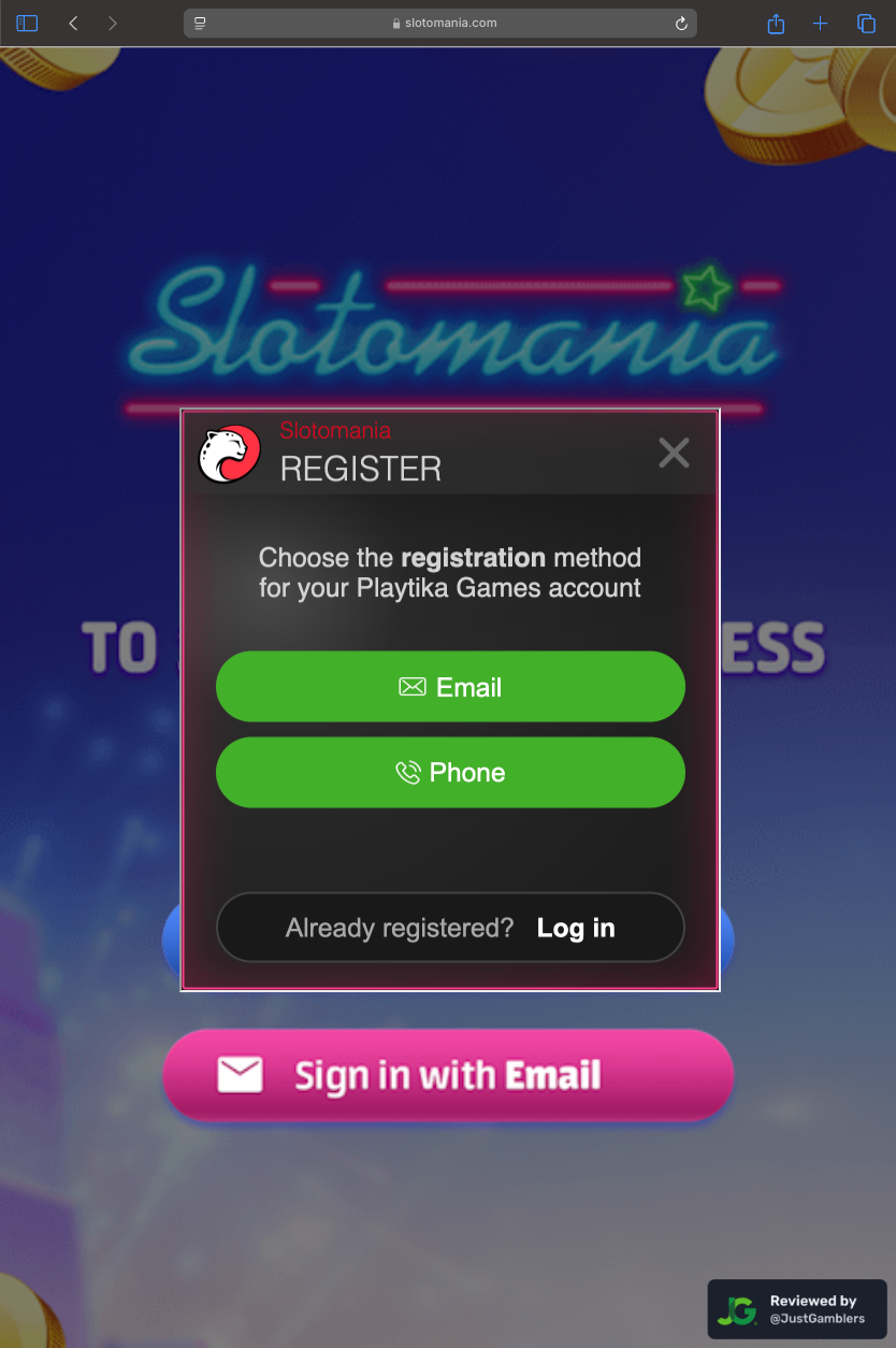 Tablet screenshot of the registration page at Slotomania.