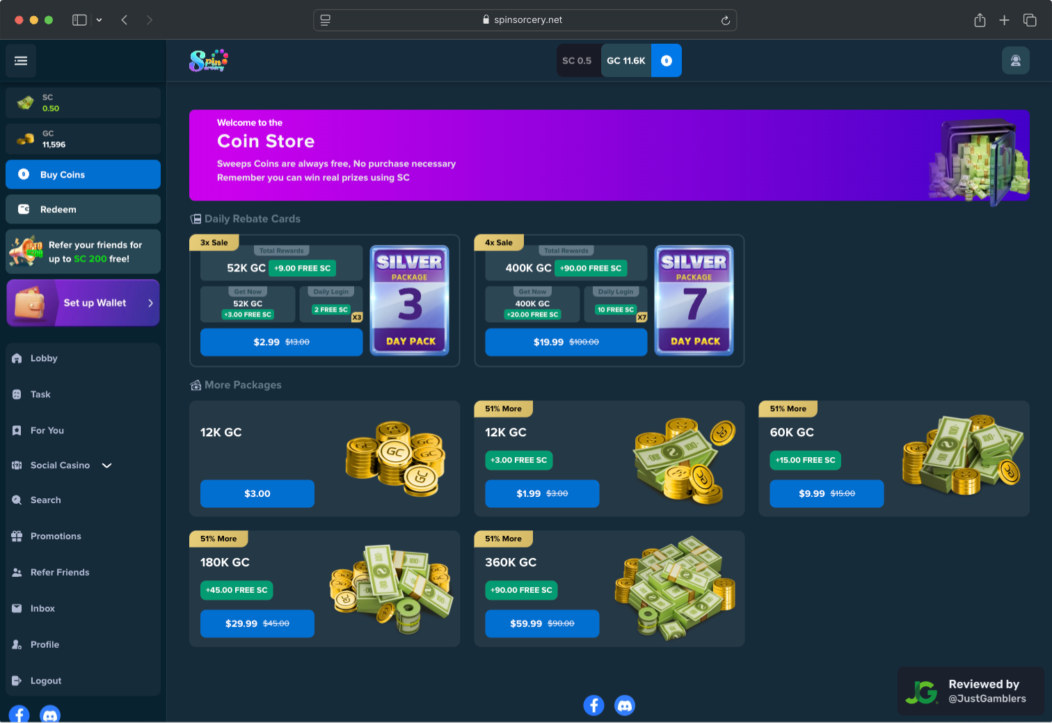 Desktop screenshot of the coin purchase process at Spin Sorcery.