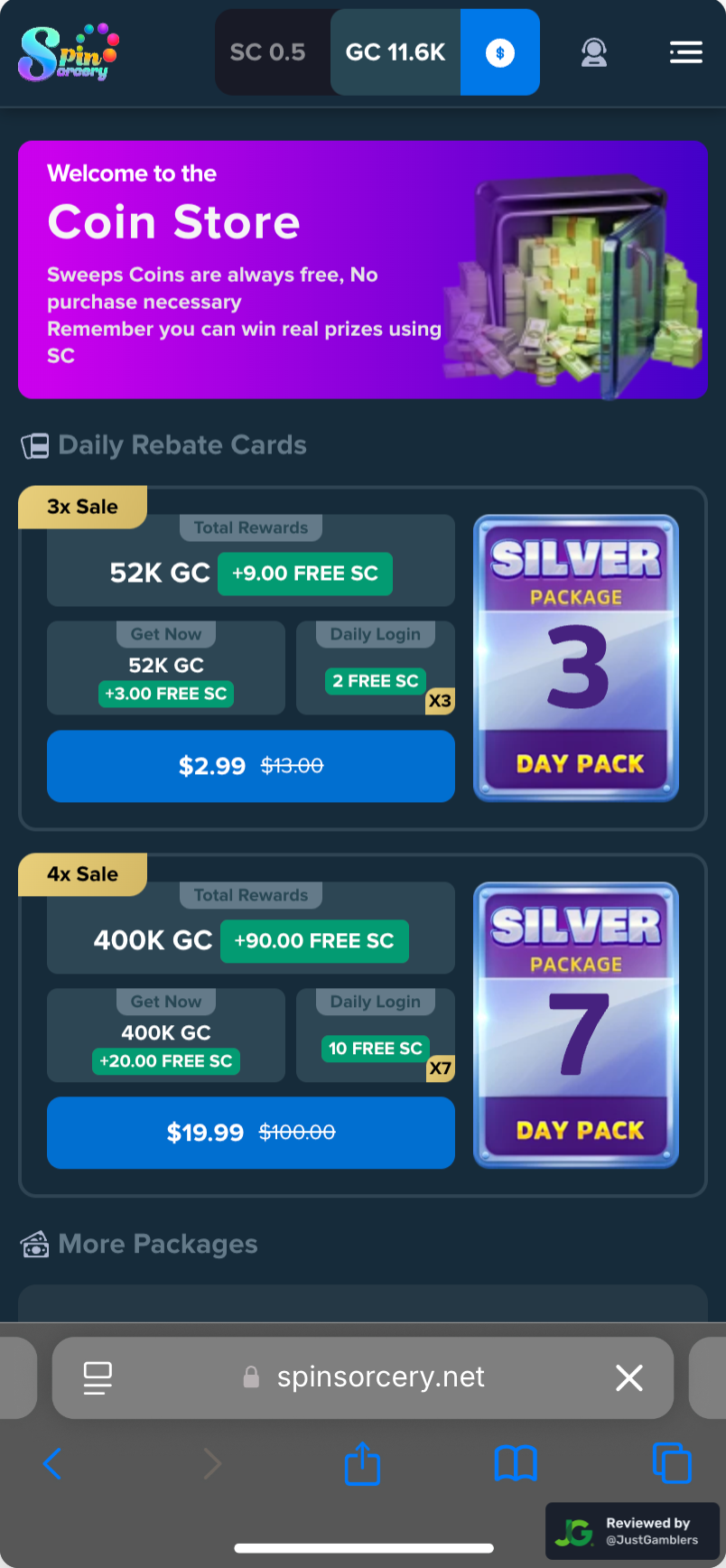 Mobile screenshot of the coin purchase process at Spin Sorcery.