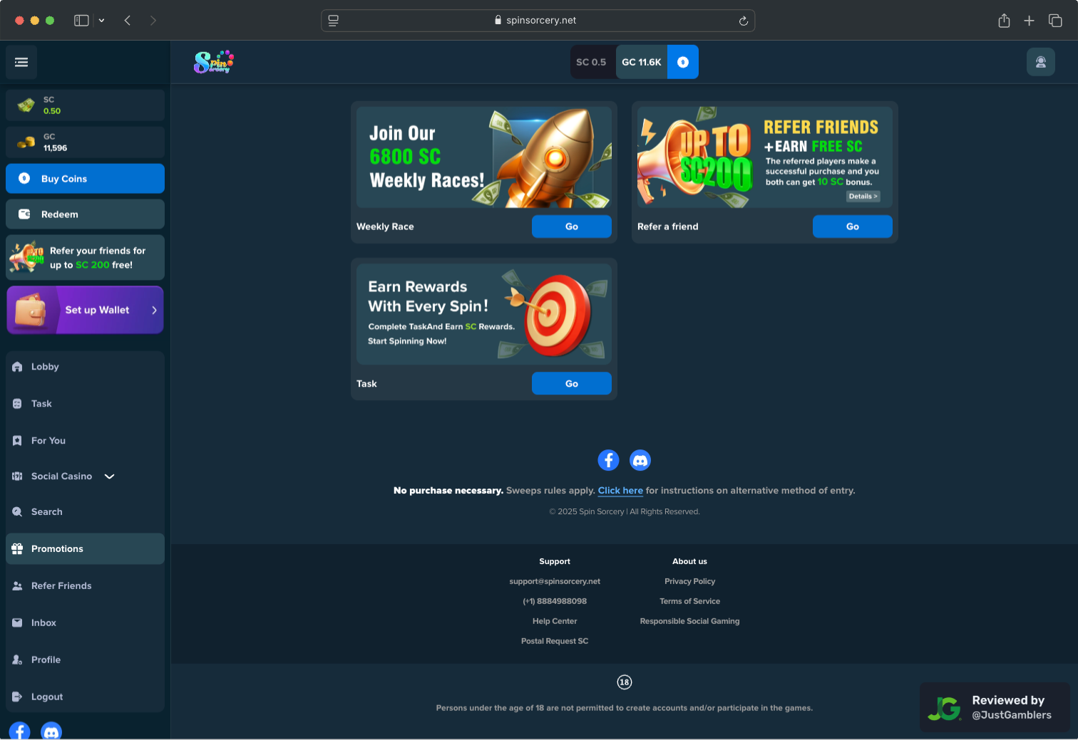 Desktop screenshot of the promo page at Spin Sorcery.