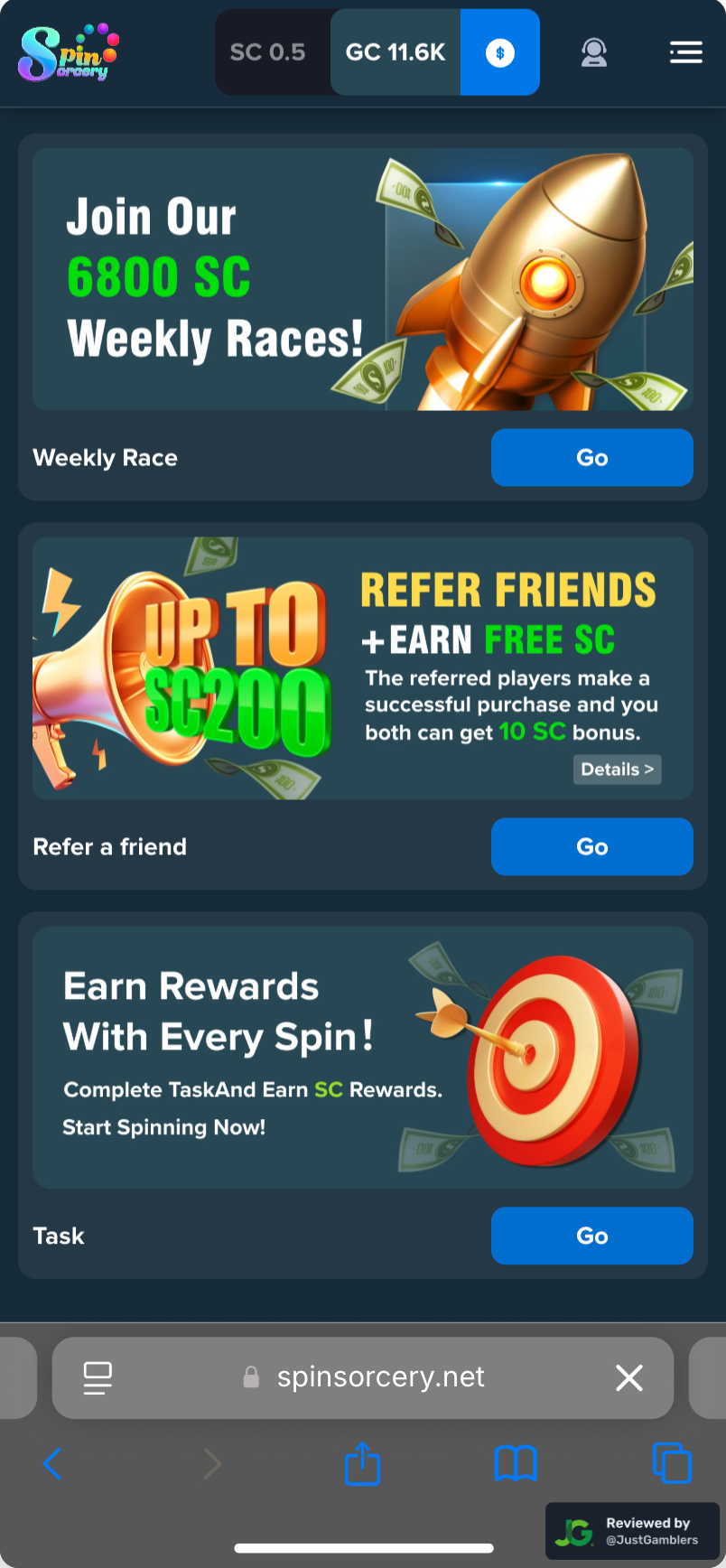 Mobile screenshot of the promo page at Spin Sorcery.