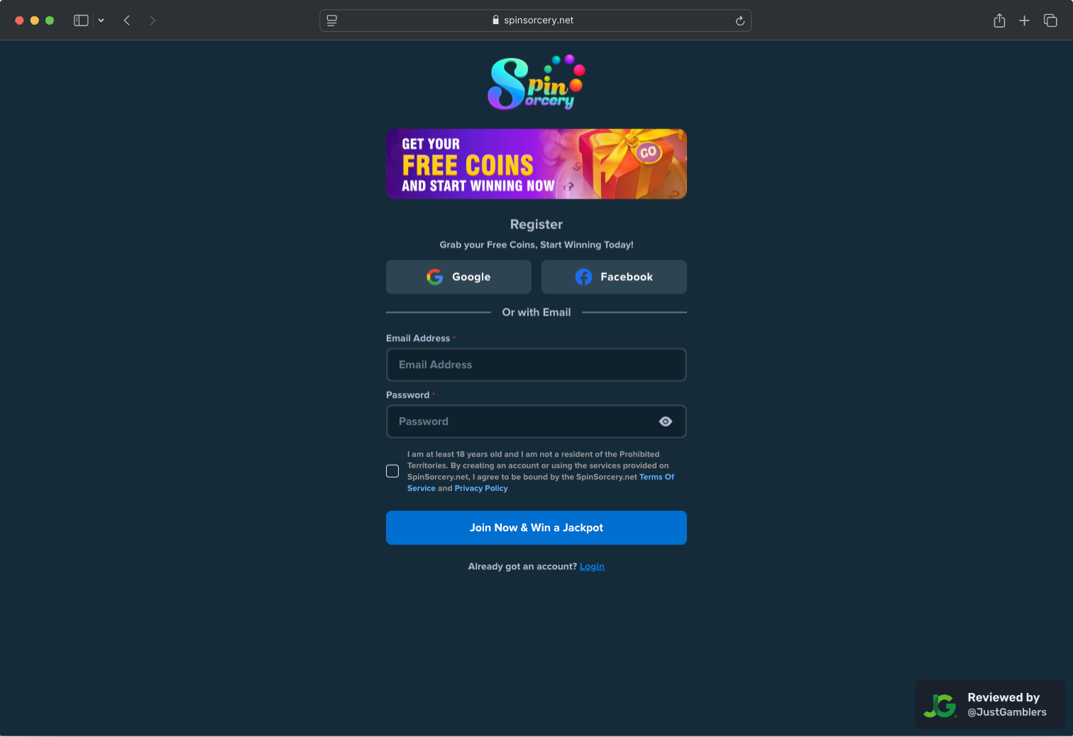 Desktop screenshot of the registration page at Spin Sorcery.