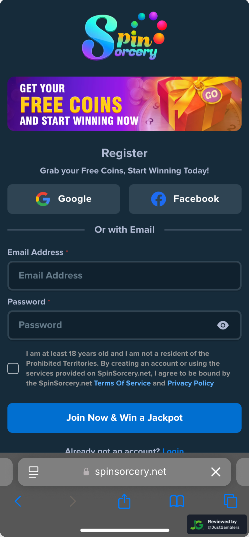 Mobile screenshot of the registration page at Spin Sorcery.