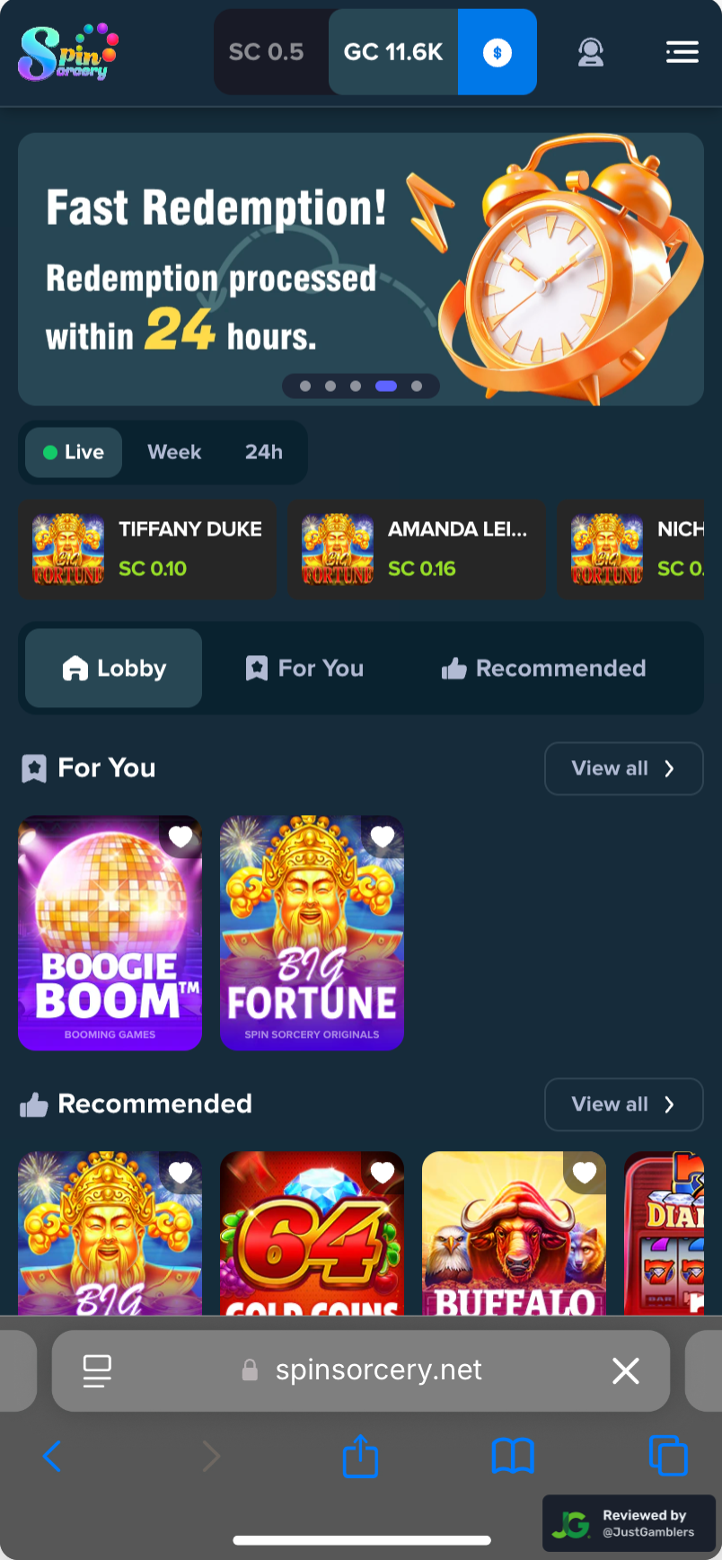 Mobile screenshot of the starting page at Spin Sorcery.