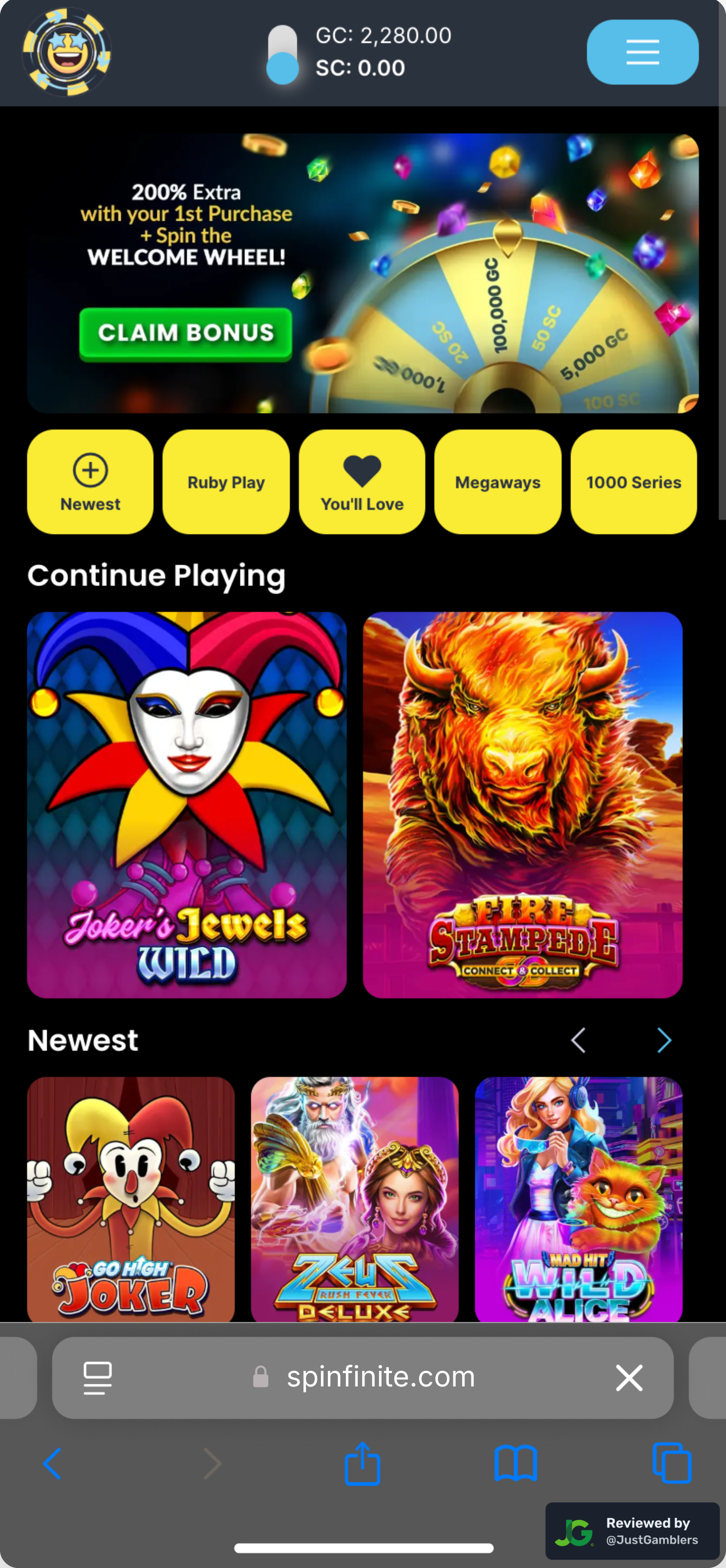 Mobile screenshot of the starting page at Spinfinite.