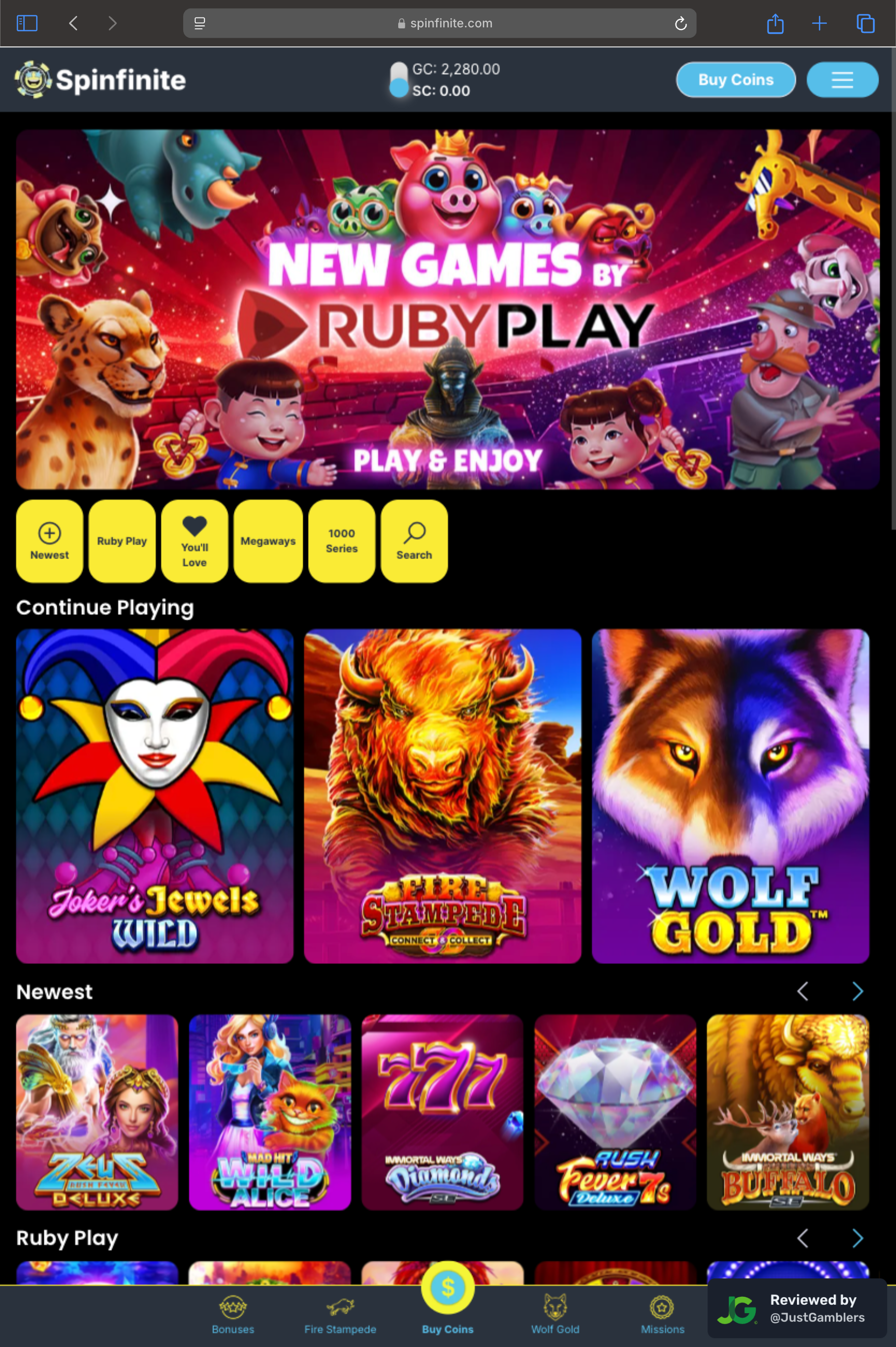 Tablet screenshot of the starting page at Spinfinite.