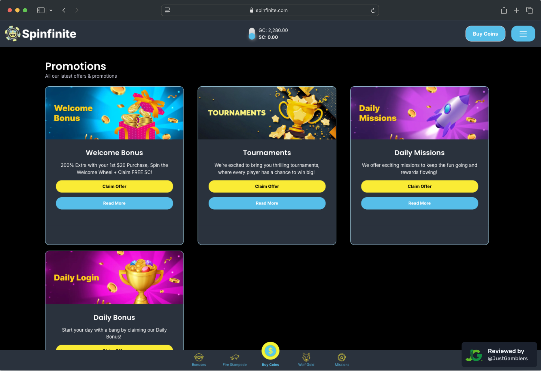 Desktop screenshot of the promo page at Spinfinite.
