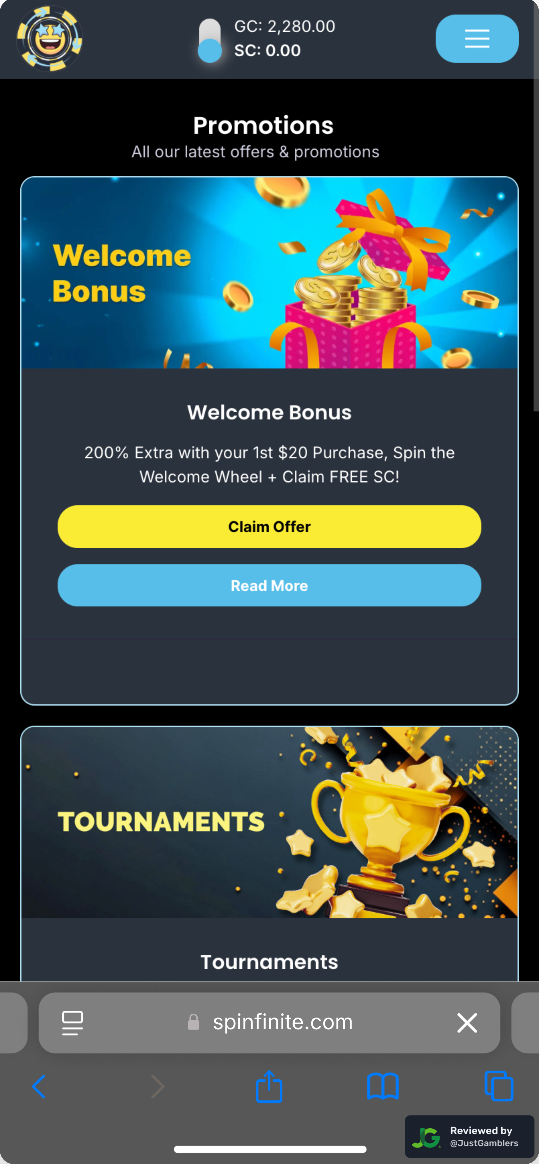 Mobile screenshot of the promo page at Spinfinite.