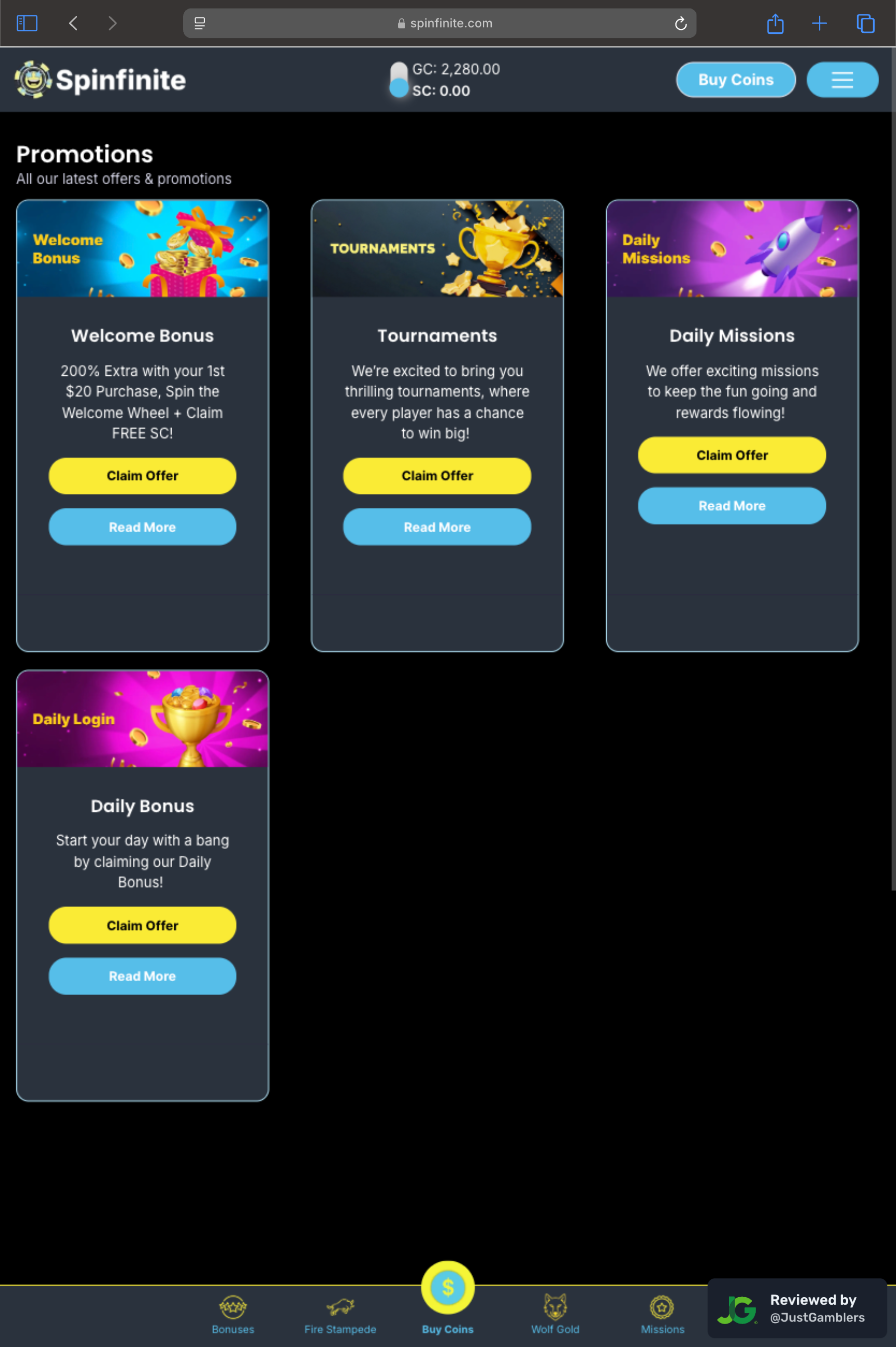 Tablet screenshot of the promo page at Spinfinite.