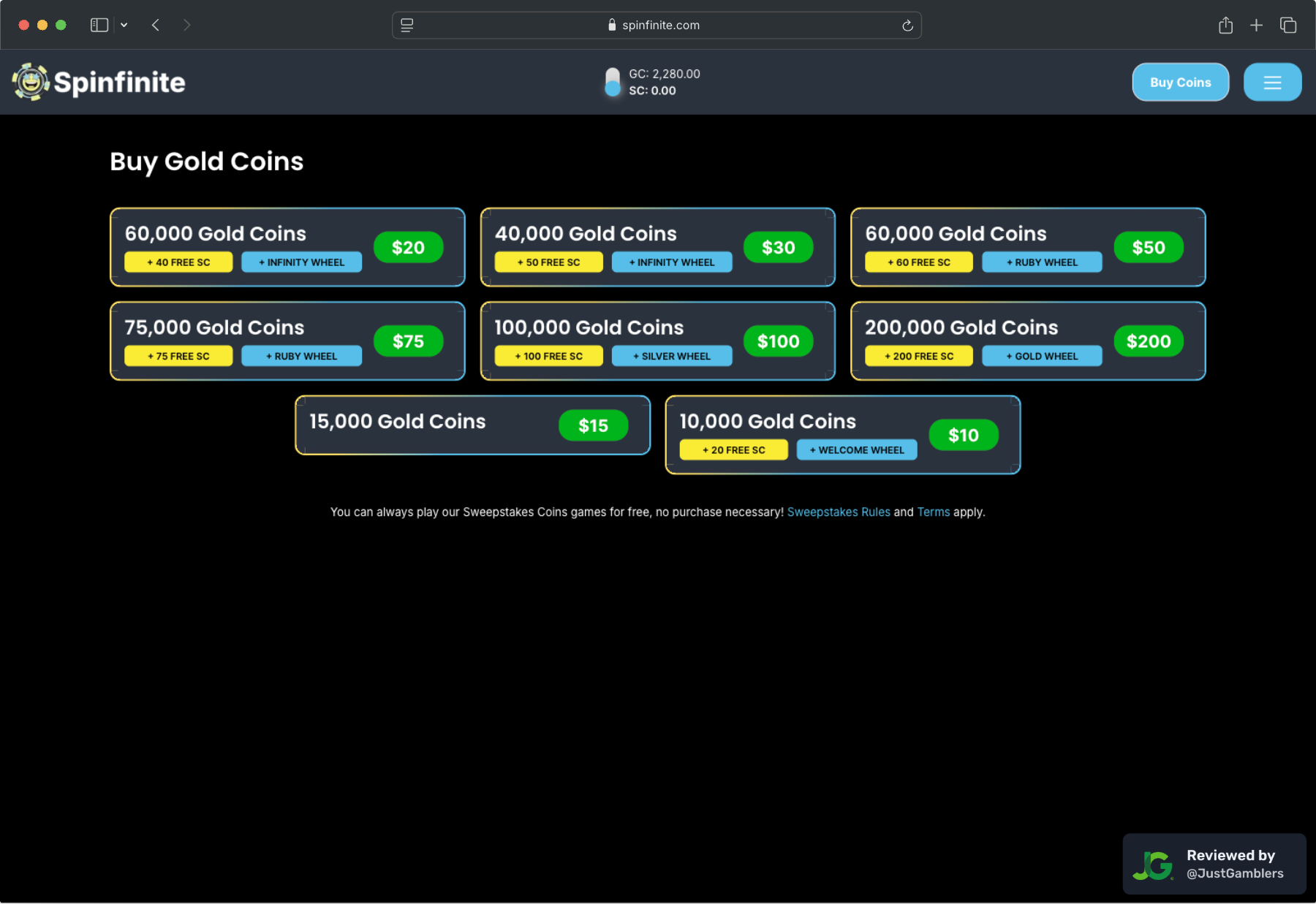 Desktop screenshot of the coin purchase process at Spinfinite.