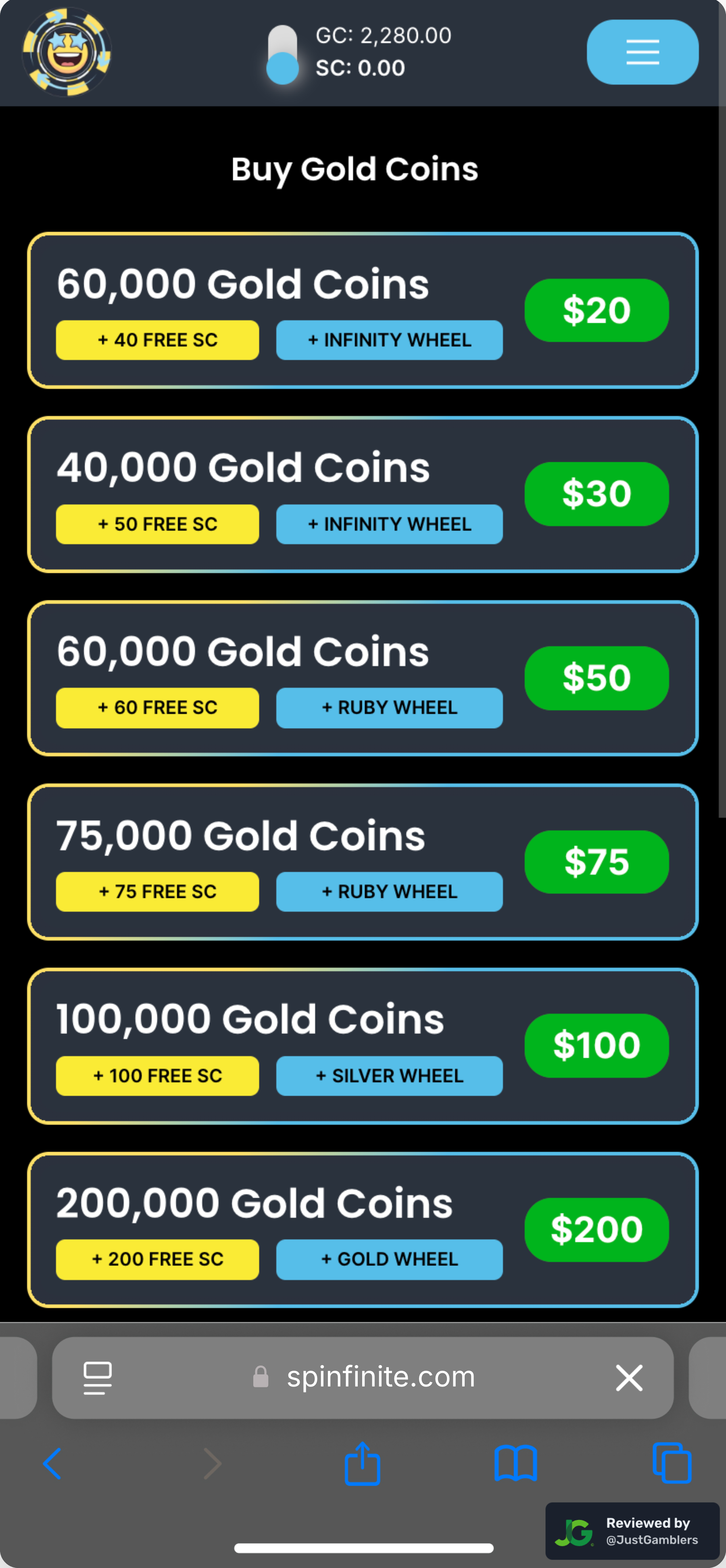 Mobile screenshot of the coin purchase process at Spinfinite.