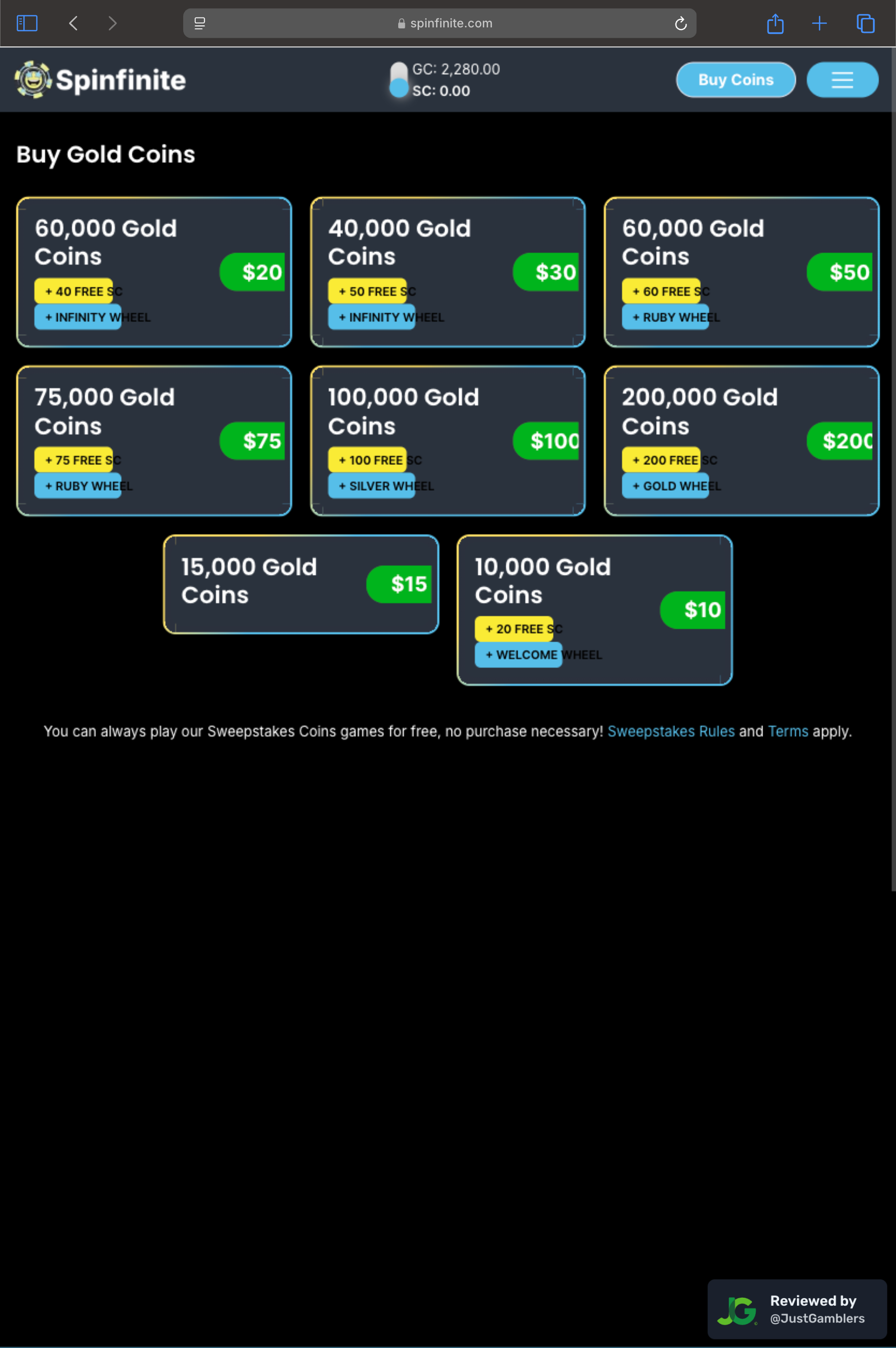 Tablet screenshot of the coin purchase process at Spinfinite.