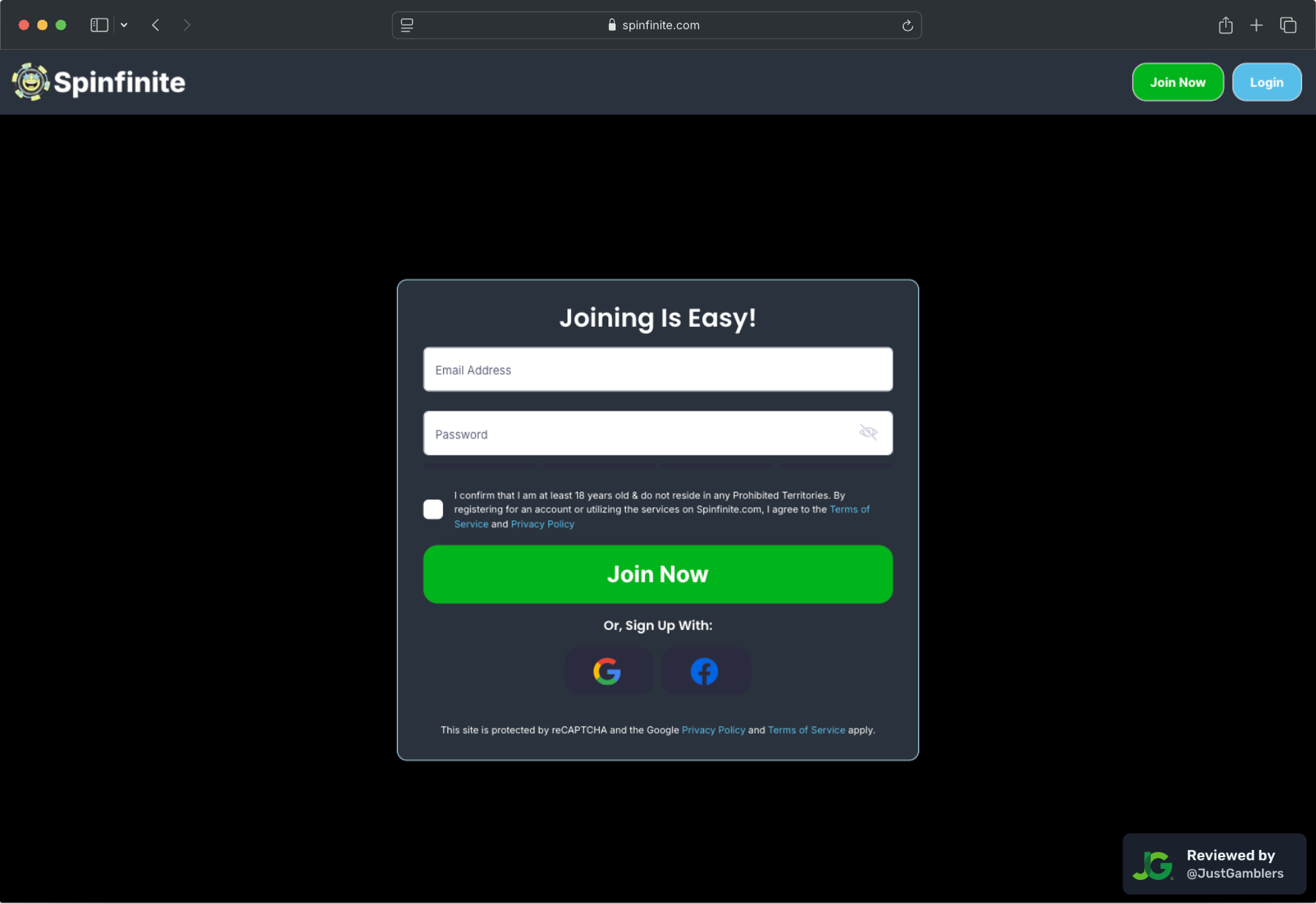 Desktop screenshot of the registration page at Spinfinite.