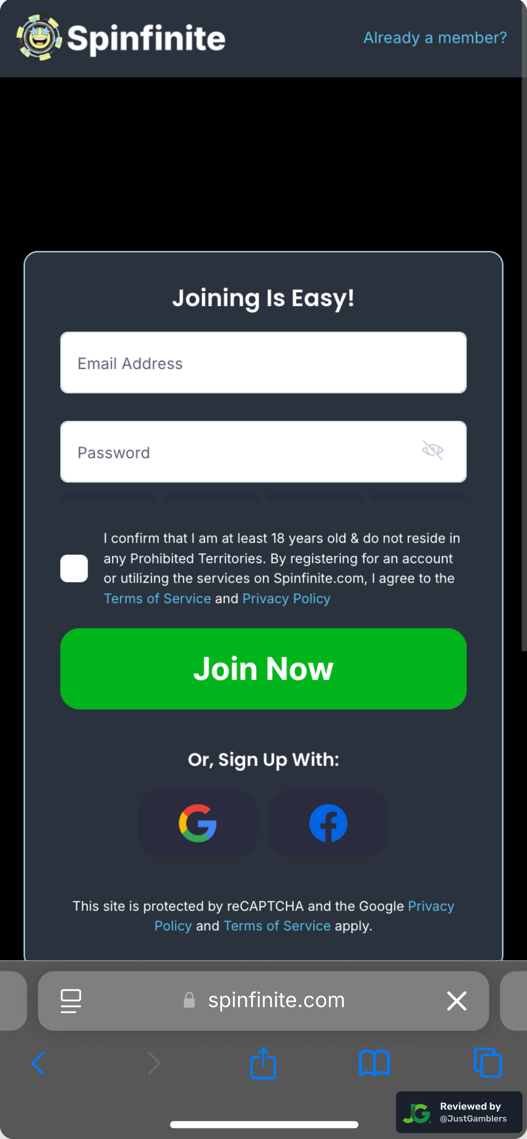 Mobile screenshot of the registration page at Spinfinite.