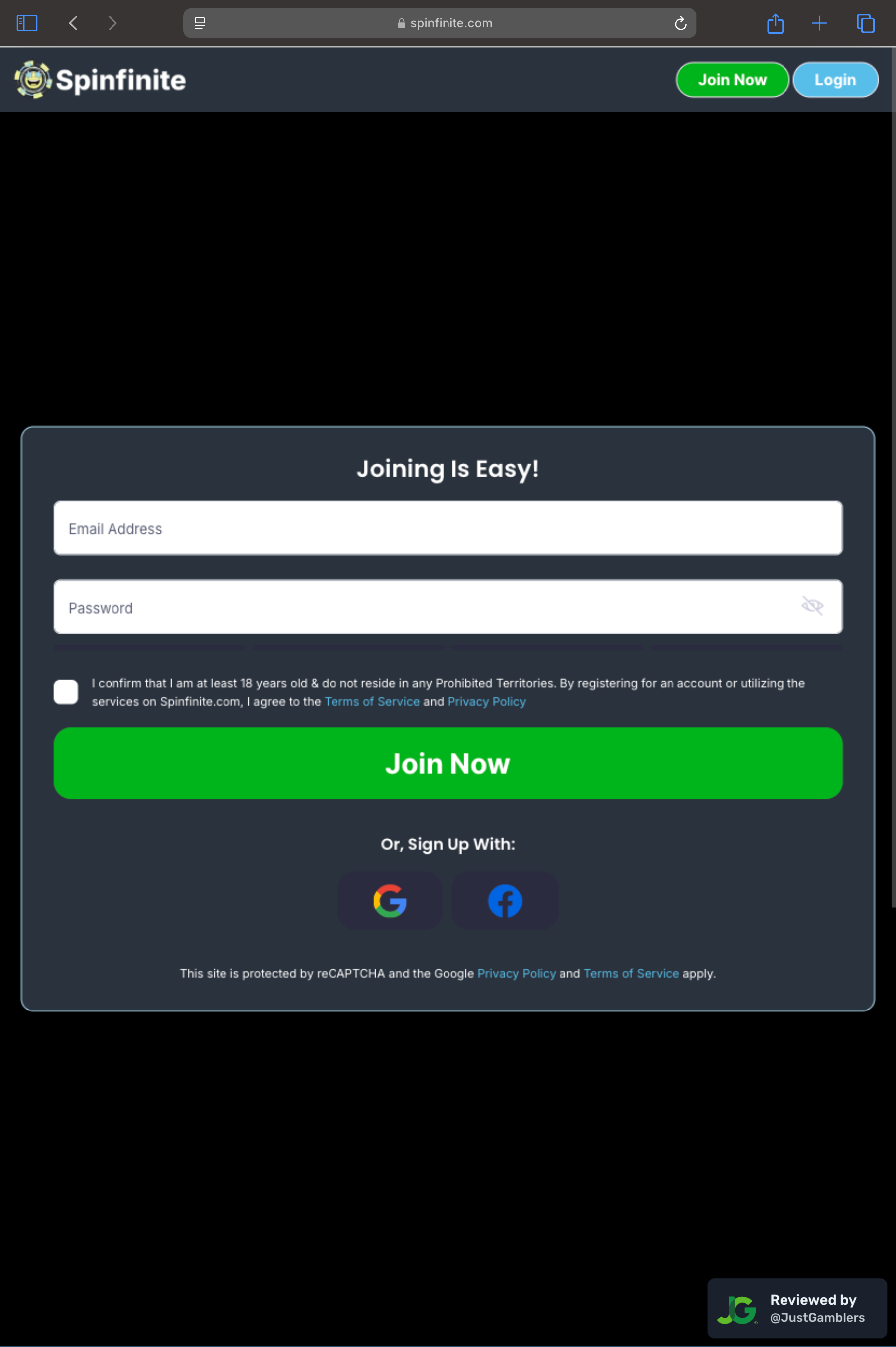 Tablet screenshot of the registration page at Spinfinite.